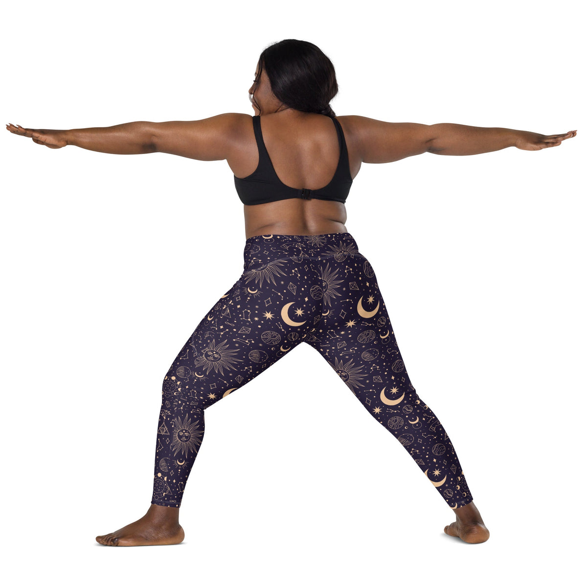 Printful Celestial Goddess crossover leggings with pockets featuring an all-over celestial print on white fabric.