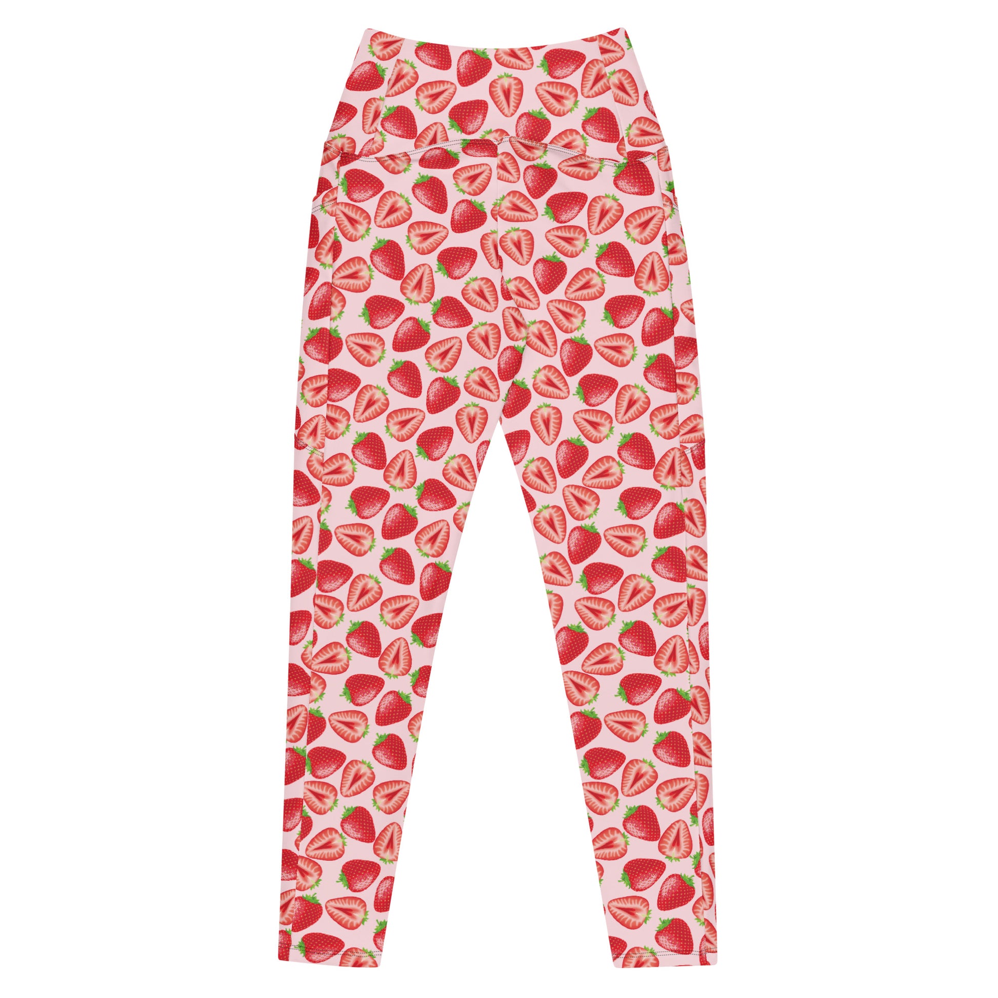 Printful crossover leggings with wild strawberry print, all-over design, pockets, in white back view, available in 2XS to 6XL.