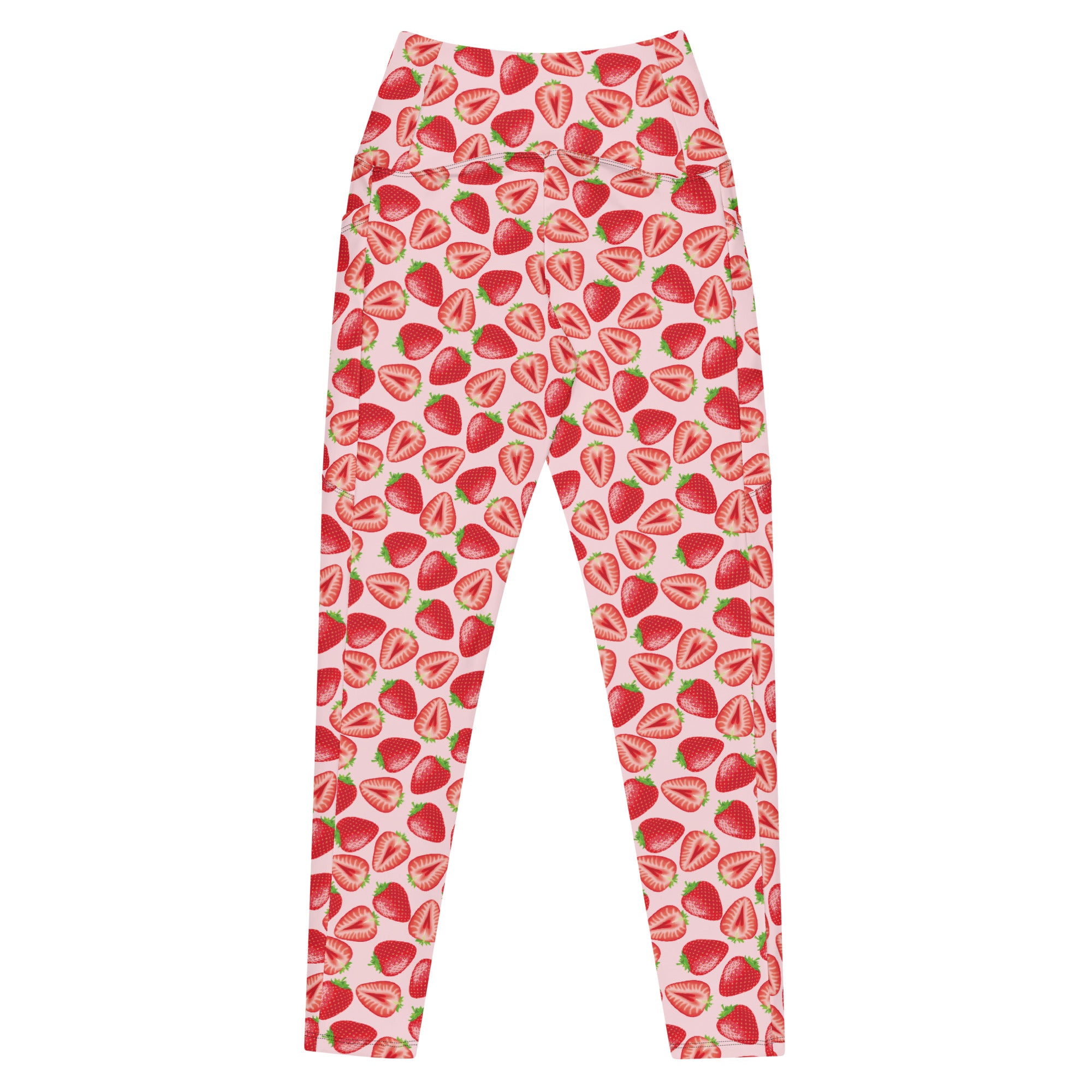 Printful crossover leggings with wild strawberry print, all-over design, pockets, in white back view, available in 2XS to 6XL.