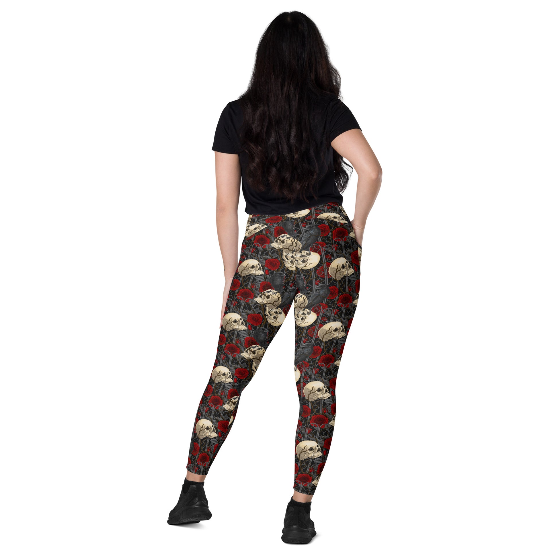 Printful DBD x Katarina Mitkova crossover leggings with all-over print, pockets, white background, recycled fabric, and vibrant design.