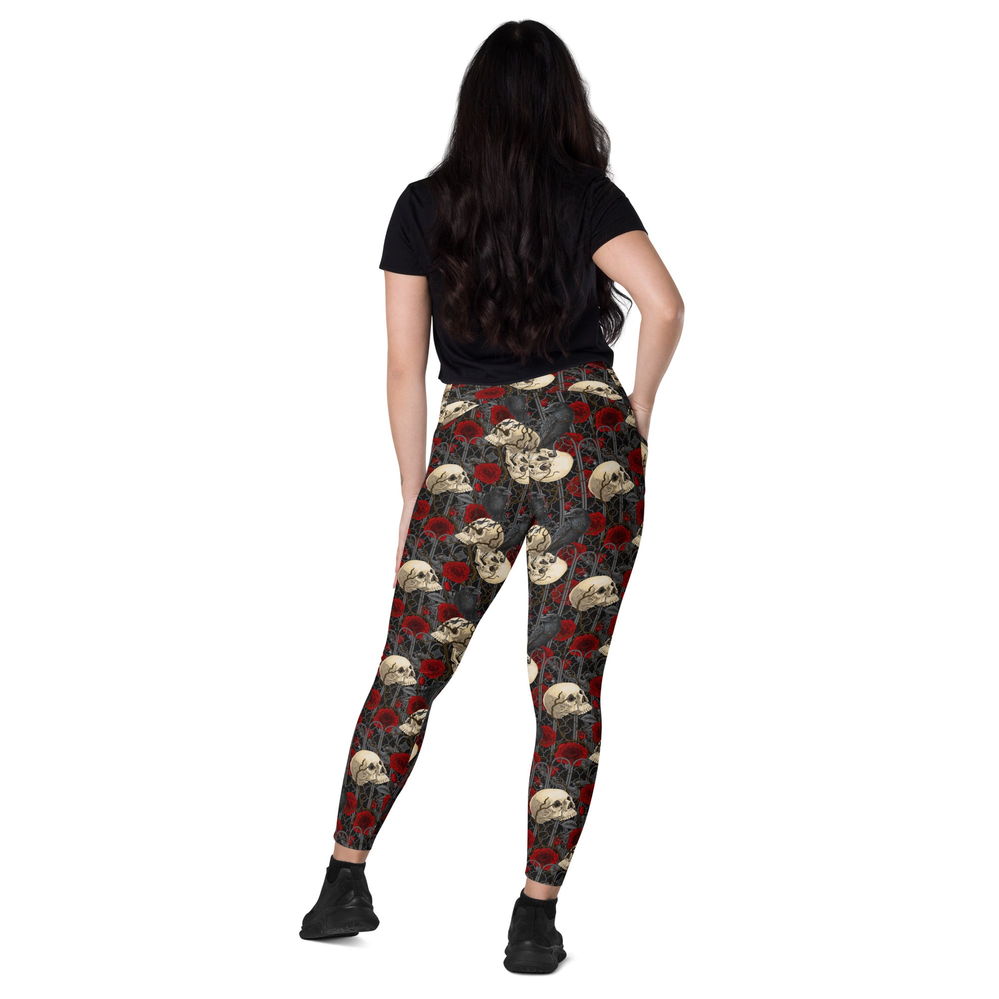 Printful DBD x Katarina Mitkova crossover leggings with all-over print, pockets, white background, recycled fabric, and vibrant design.