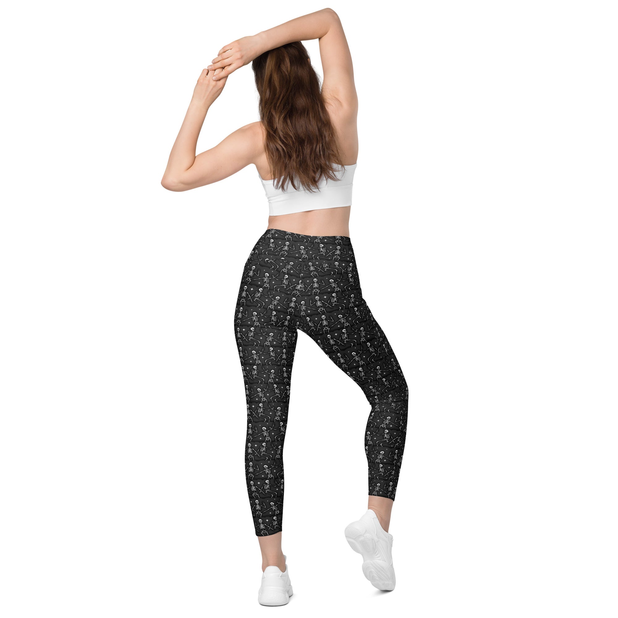 Printful DBD x Waffle Mamma Bone Dance crossover leggings with all-over print, pockets, and recycled fabric, shown from the back.