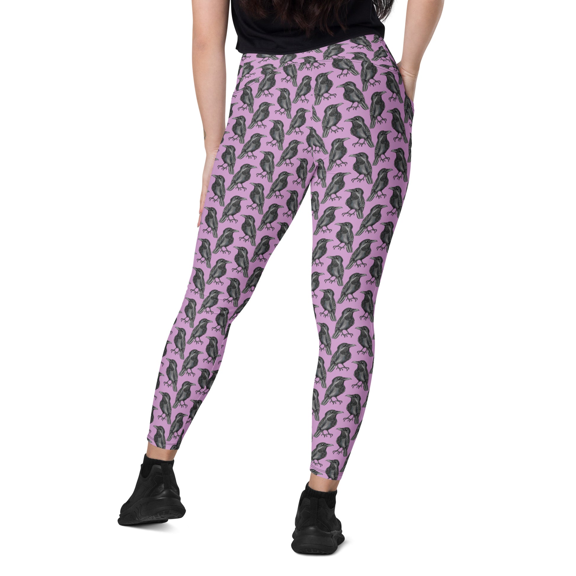 Printful Murder of Crows crossover leggings with pockets, all-over print on white recycled fabric, featuring detailed crow designs.