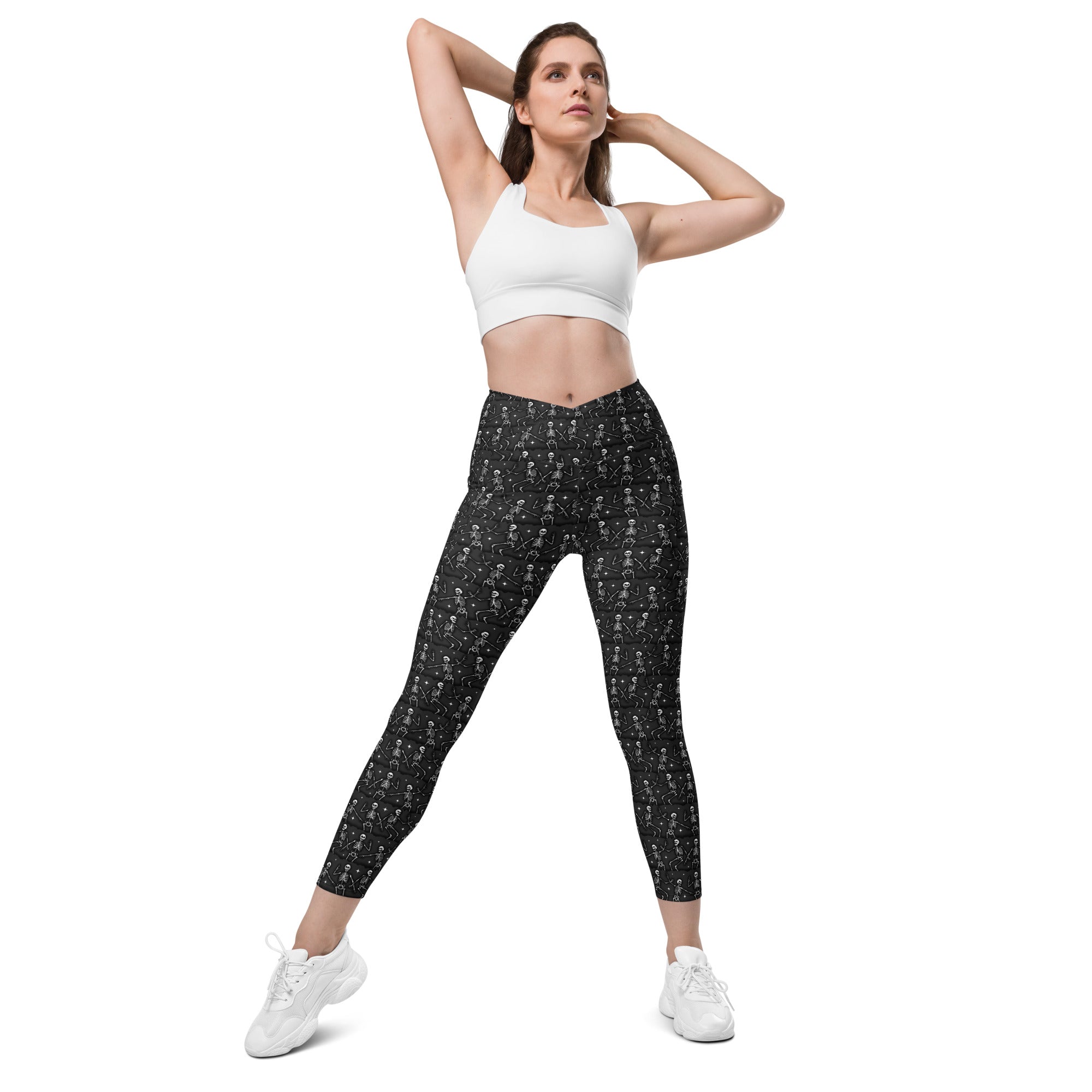 Printful DBD x Waffle Mamma Bone Dance crossover leggings with pockets, all-over white recycled-print, featuring bold bone pattern.