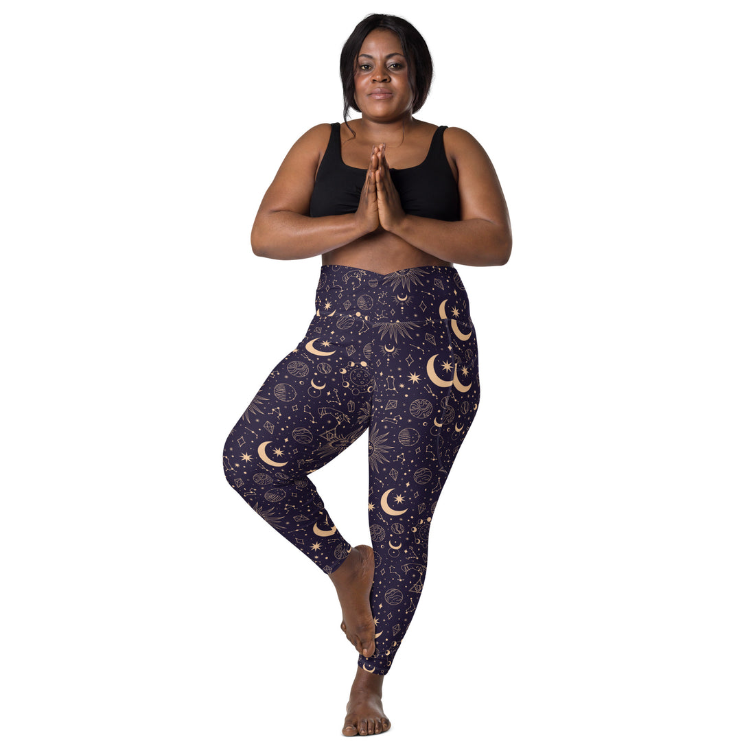 Printful Celestial Goddess crossover leggings with pockets, featuring all-over celestial print on white fabric, front view.