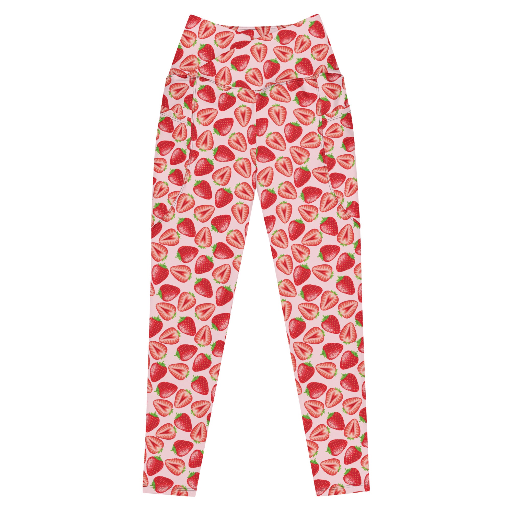 Printful crossover leggings with pockets featuring a wild strawberry print, all-over recycled fabric, white front view.