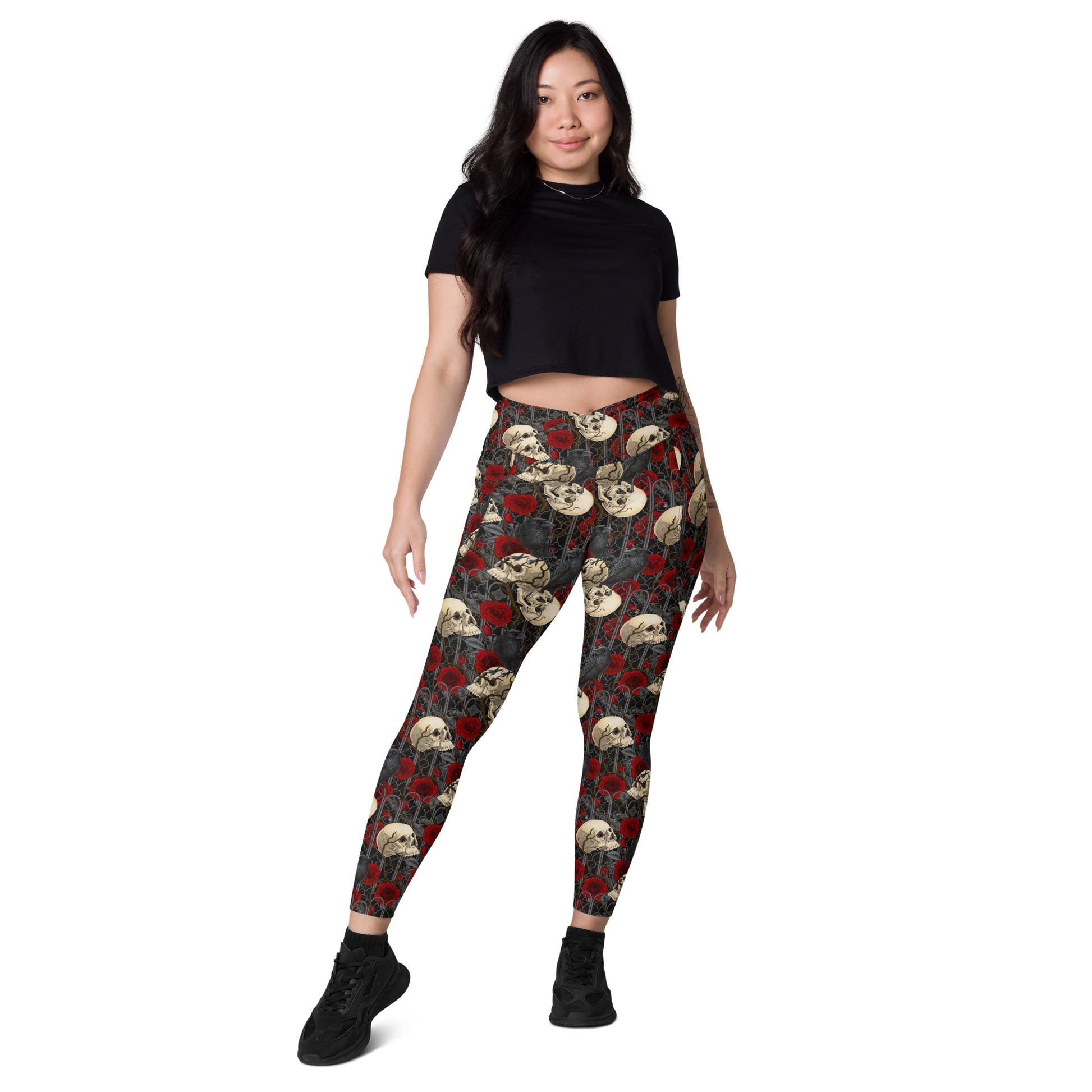 Printful DBD x Katarina Mitkova crossover leggings with all-over white print and pockets, featuring a stylish, fitted design.