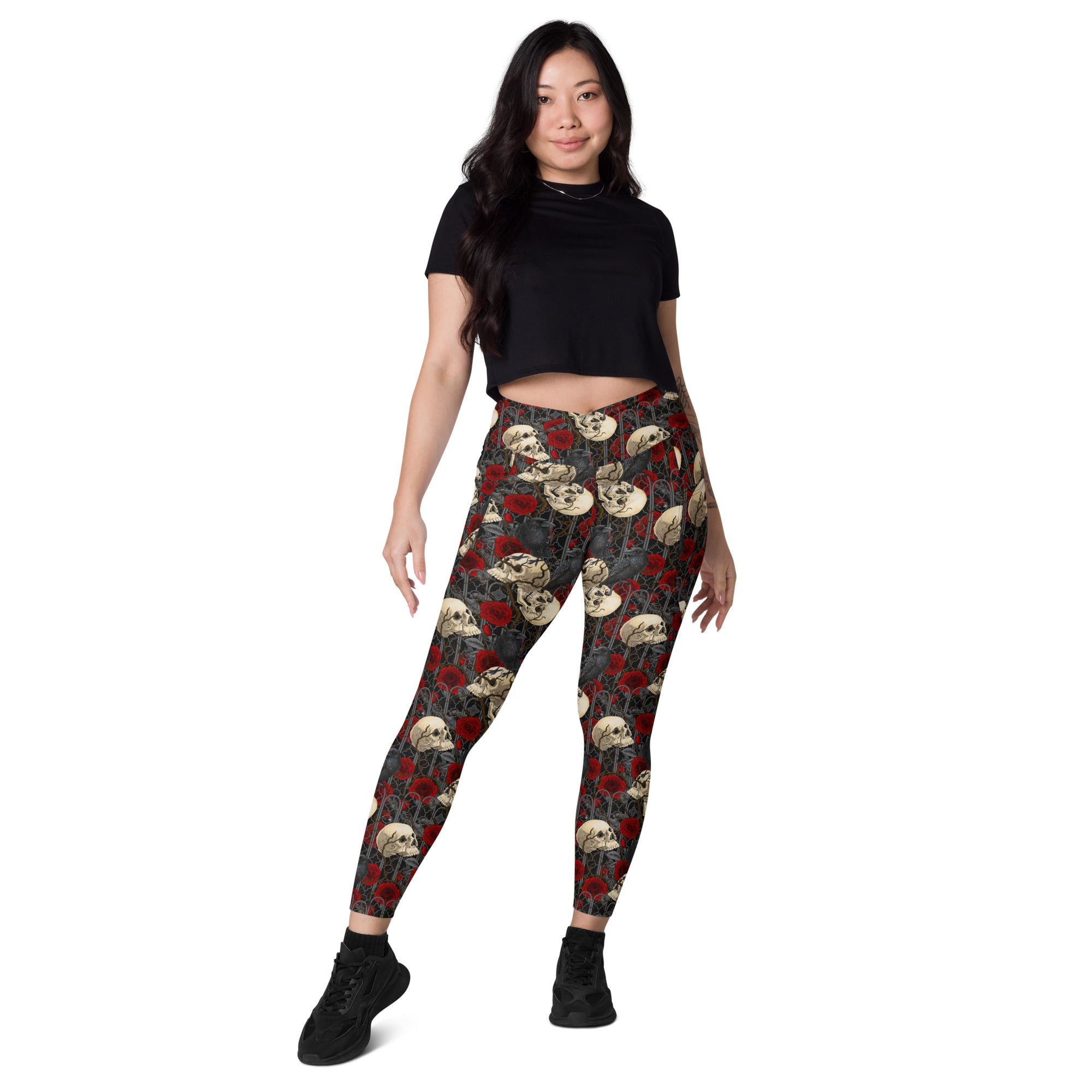 Printful DBD x Katarina Mitkova crossover leggings with all-over white print and pockets, featuring a stylish, fitted design.