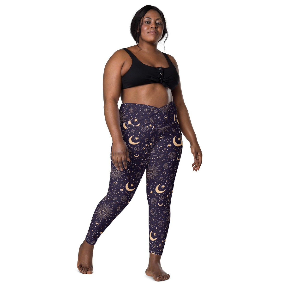 Printful Celestial Goddess crossover leggings with pockets, all-over white print, high waist, and comfortable fit.