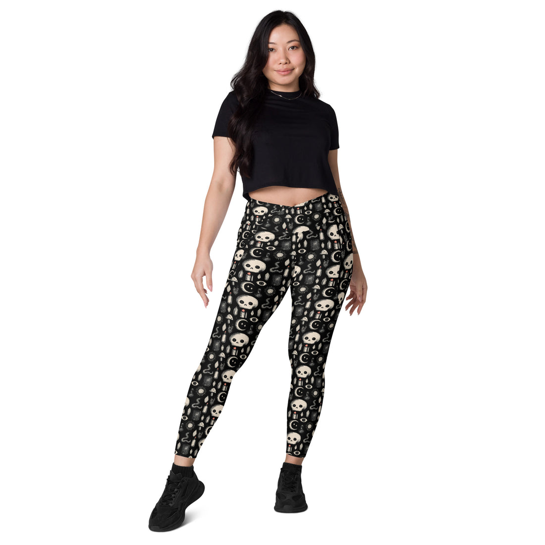 Dark occult crossover leggings with pockets, all-over print, made from recycled fabric, by Printful.