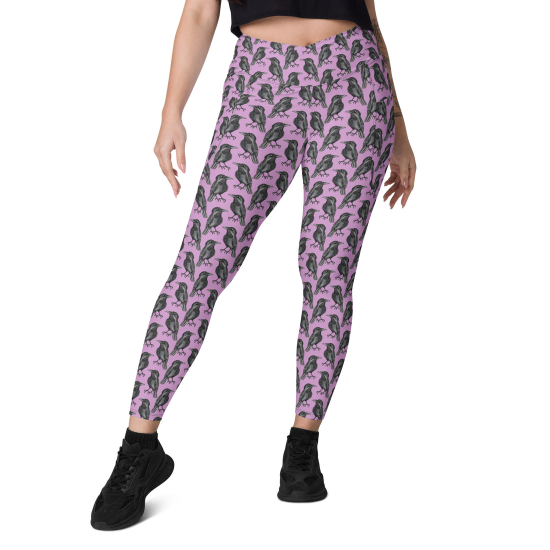 Printful Murder of Crows crossover leggings with pockets, all-over print in white, featuring detailed crow design and comfortable fit.
