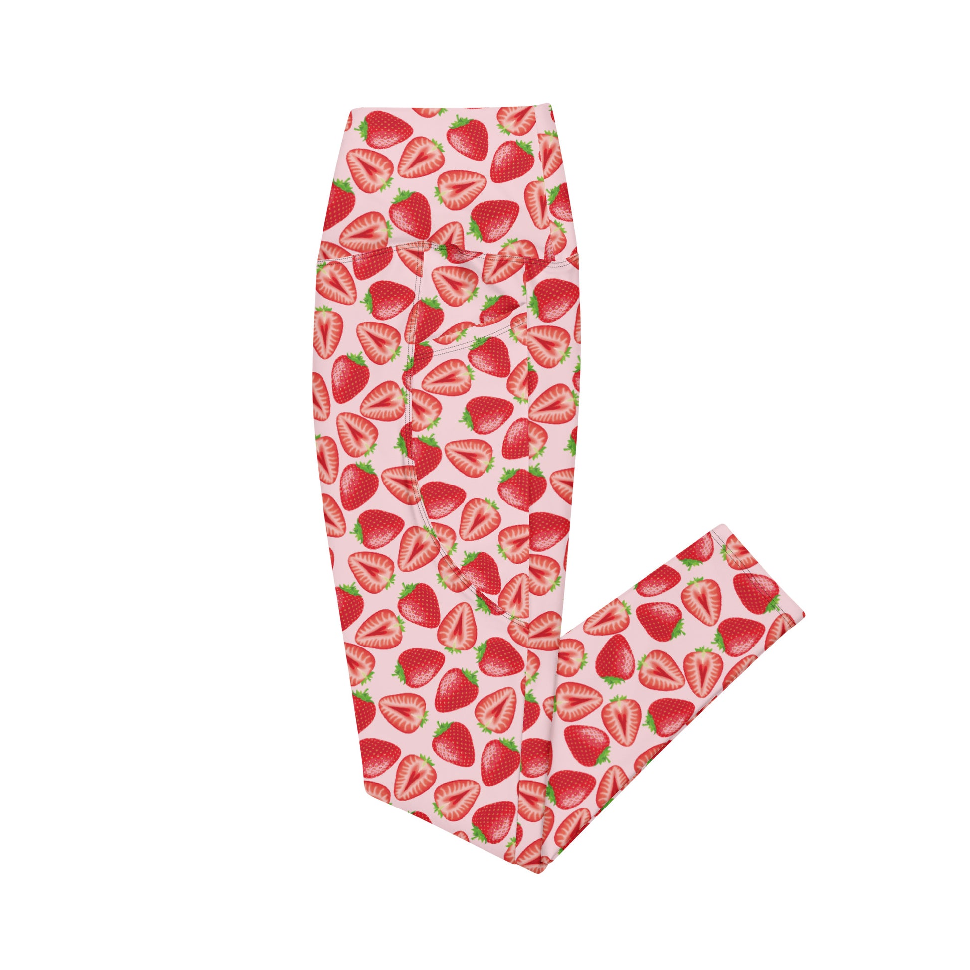 Printful crossover leggings with pockets featuring a wild strawberry all-over print, shown in white with a side view.