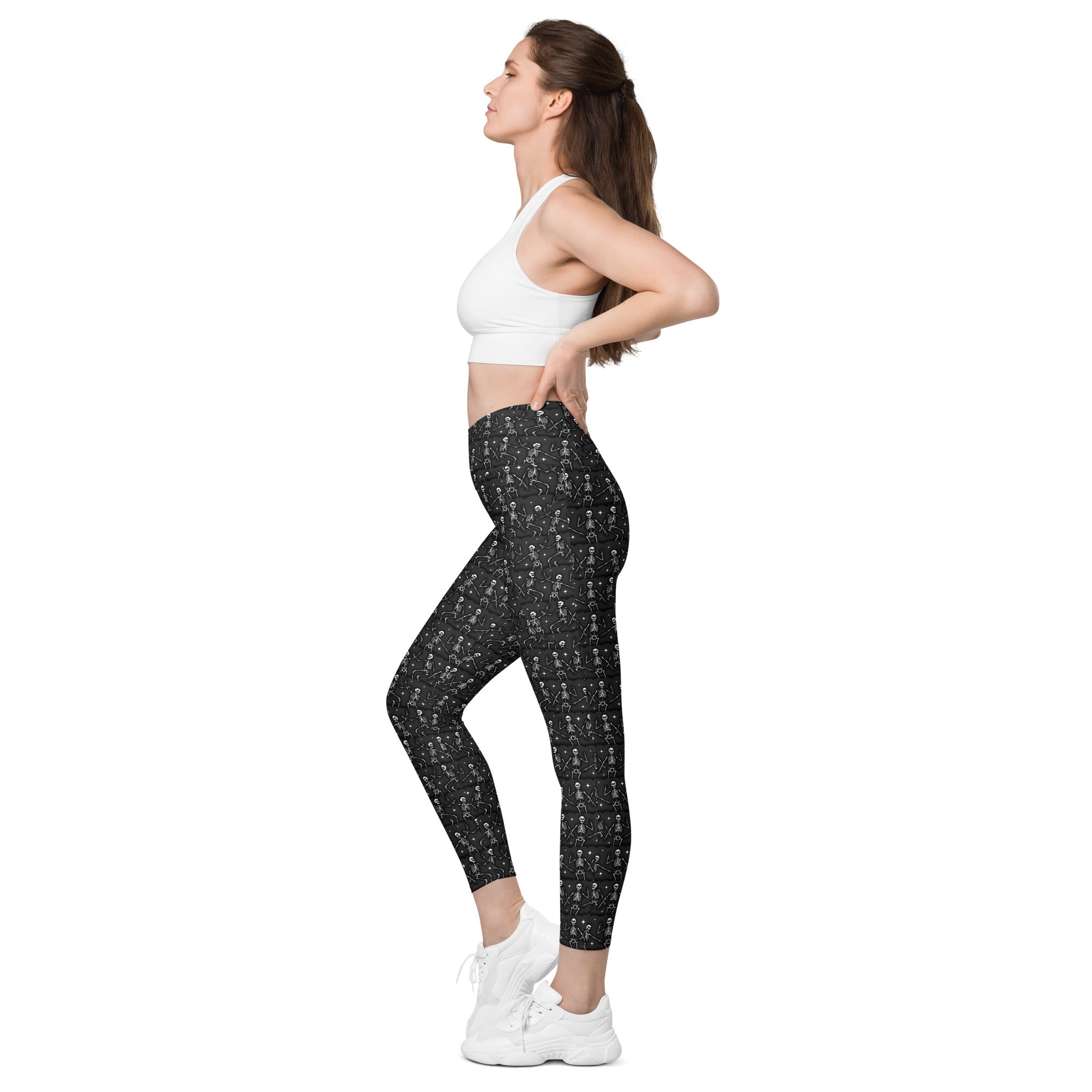 Printful DBD x Waffle Mamma Bone Dance crossover leggings with all-over print and pockets, featuring a white design and recycled fabric.
