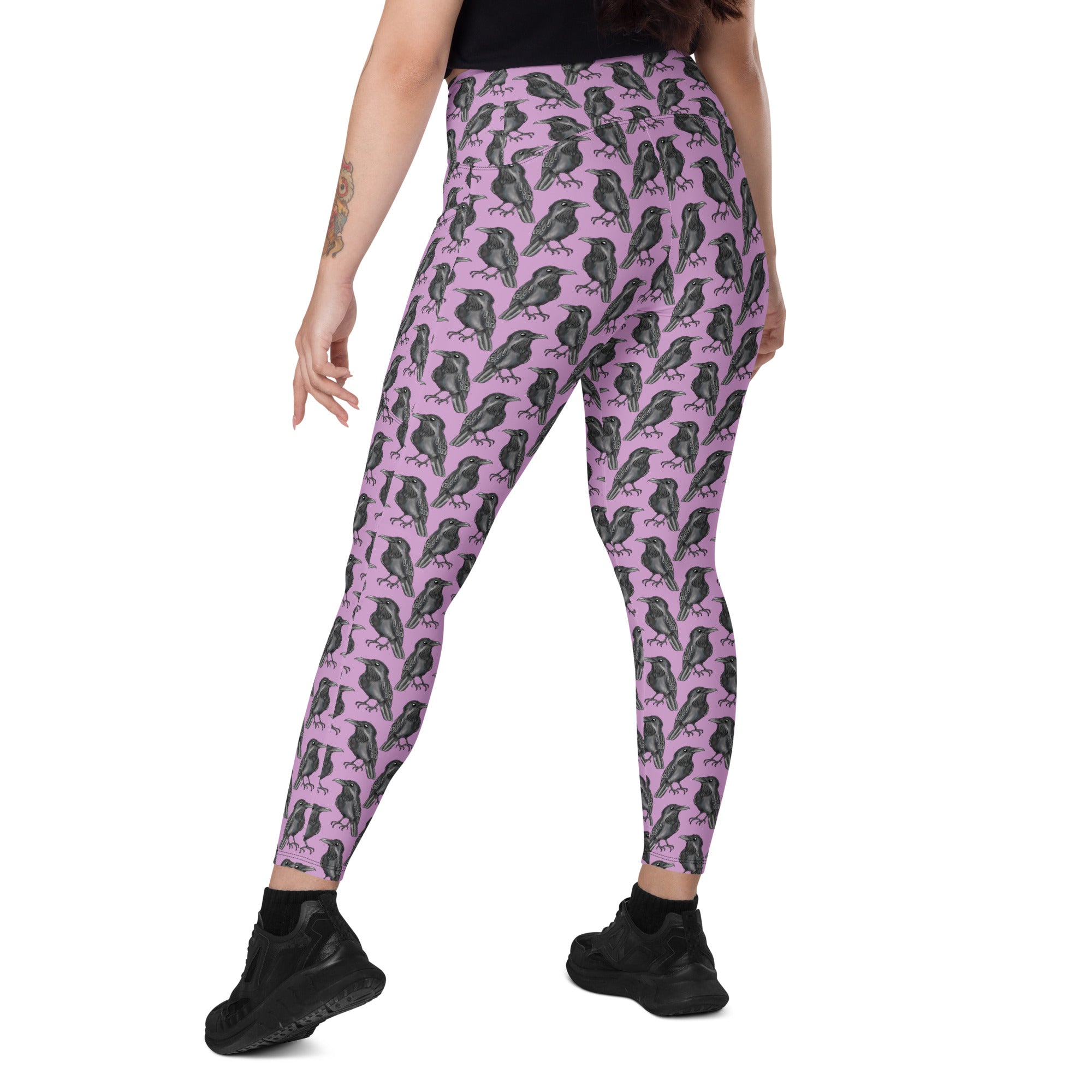 Printful Murder of Crows crossover leggings with pockets, all-over print, recycled fabric, shown from back left side.