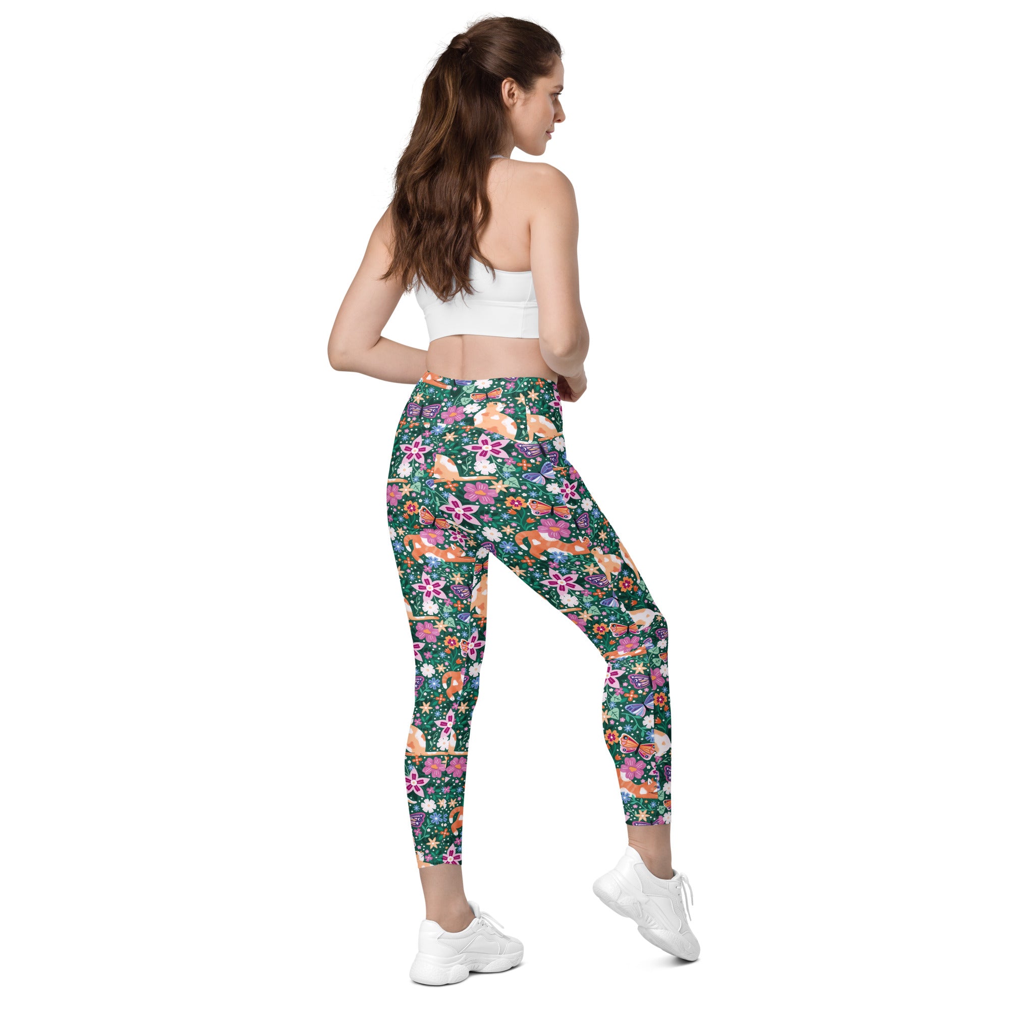 Printful Garden Familiar Cat crossover leggings with pockets, white all-over print, shown from the right back angle.