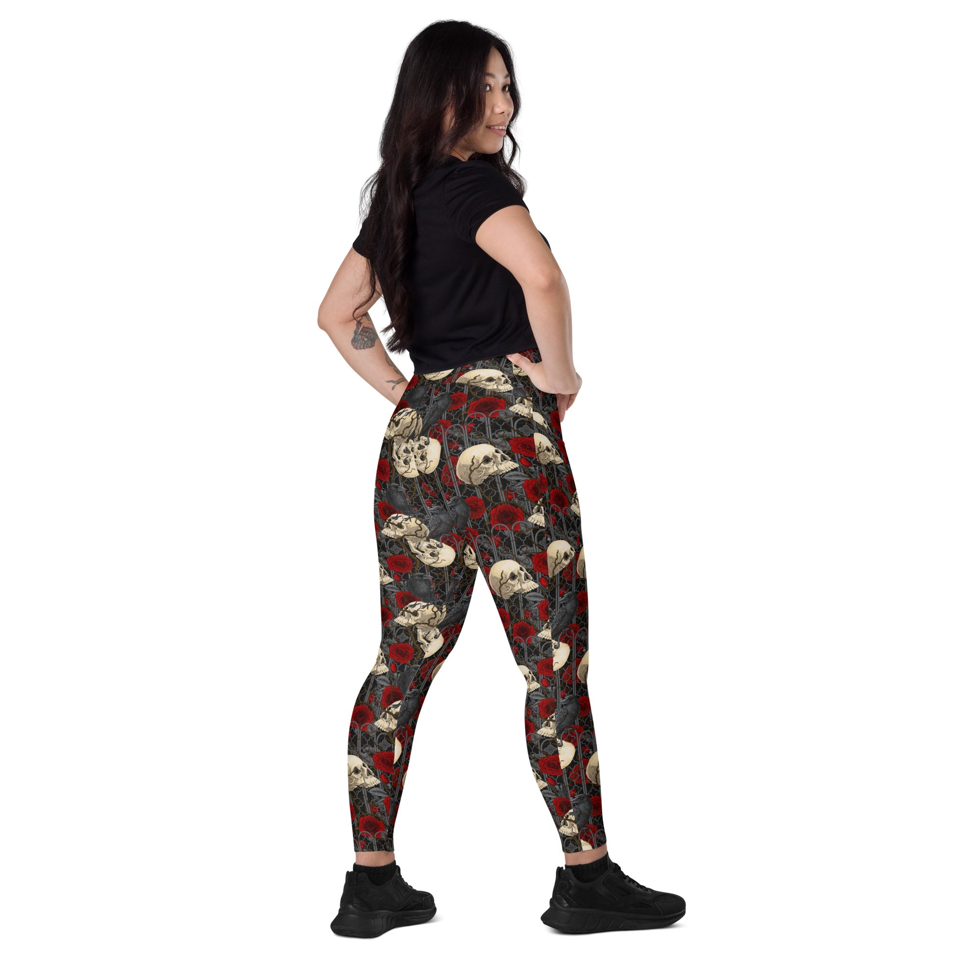 Printful DBD x Katarina Mitkova crossover leggings with pockets, all-over white recycled fabric, shown from the right back angle.