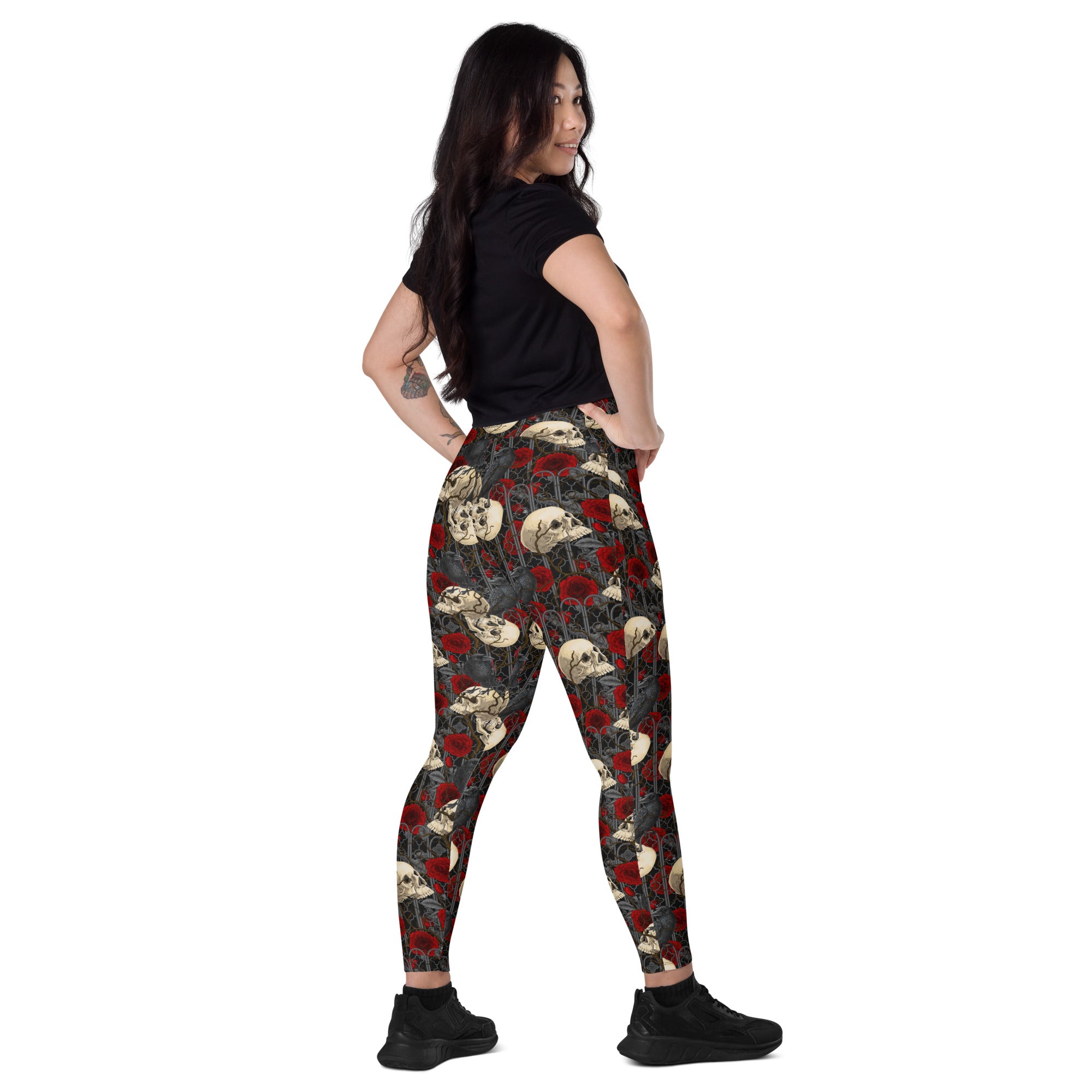 Printful DBD x Katarina Mitkova crossover leggings with pockets, all-over white recycled fabric, shown from the right back angle.