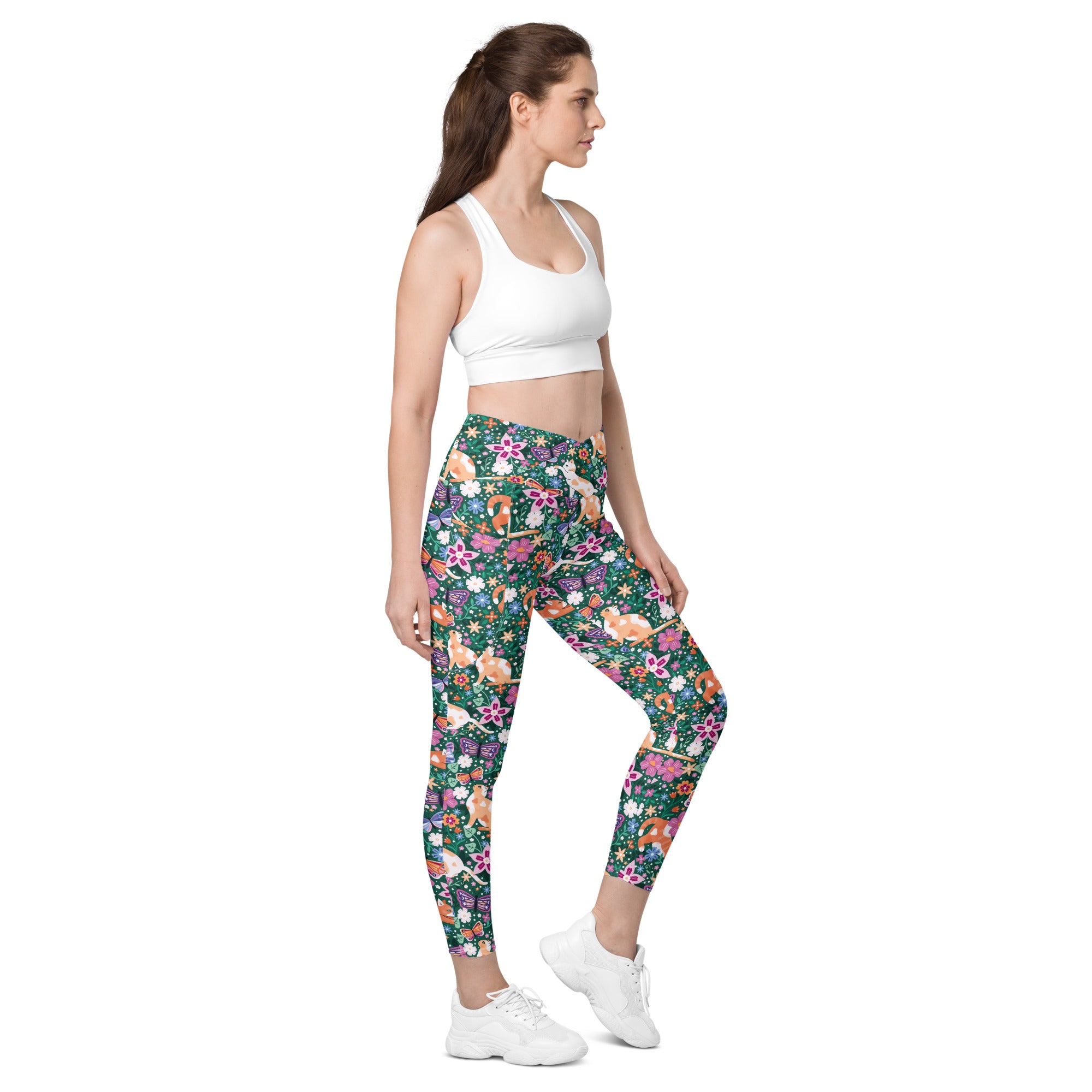 Printful Garden Familiar cat crossover leggings with pockets, all-over print, white background, right front view.
