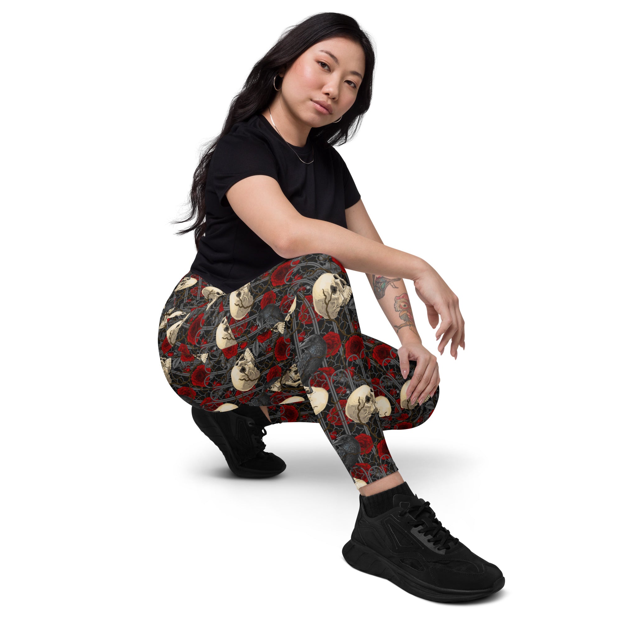 Printful DBD x Katarina Mitkova crossover leggings with all-over print, pockets, white background, right front view.