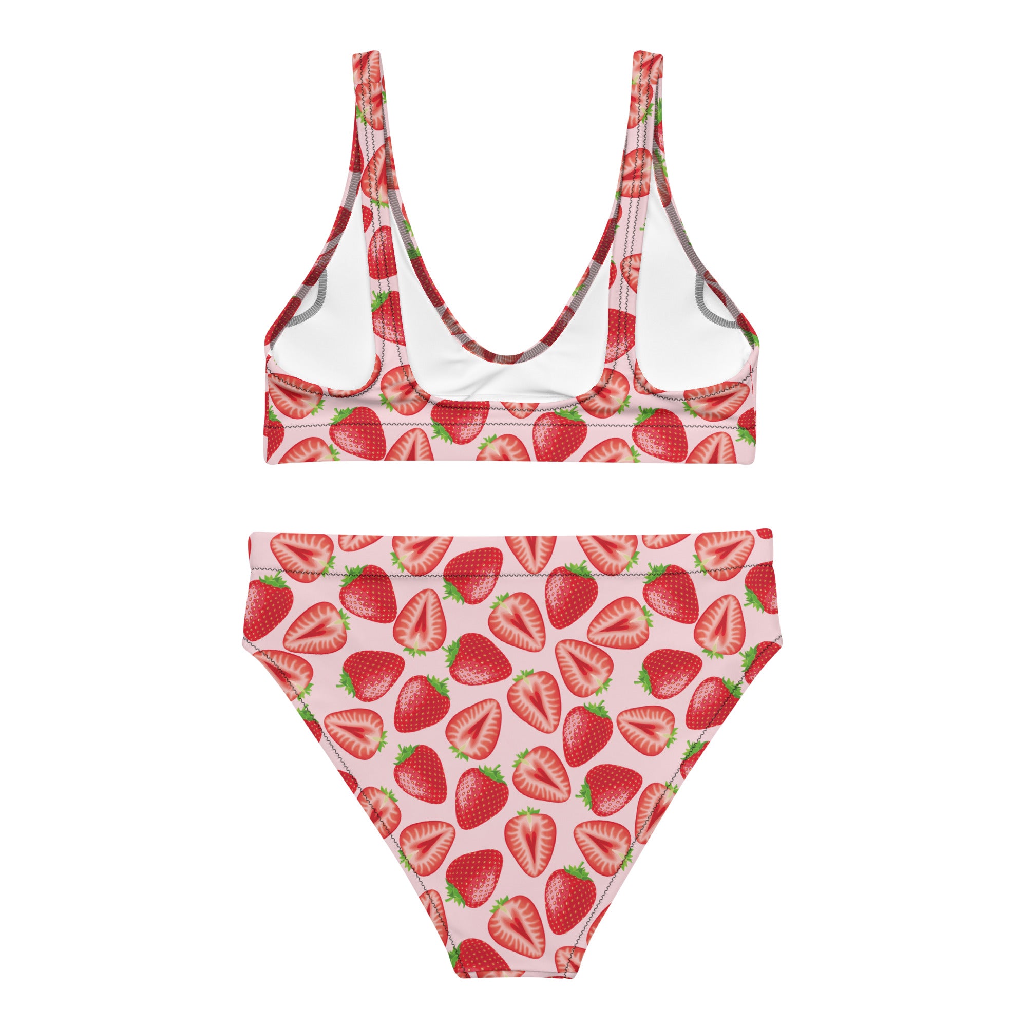 Recycled high-waisted bikini with realistic strawberry print in peach, featuring a white back, by Printful.