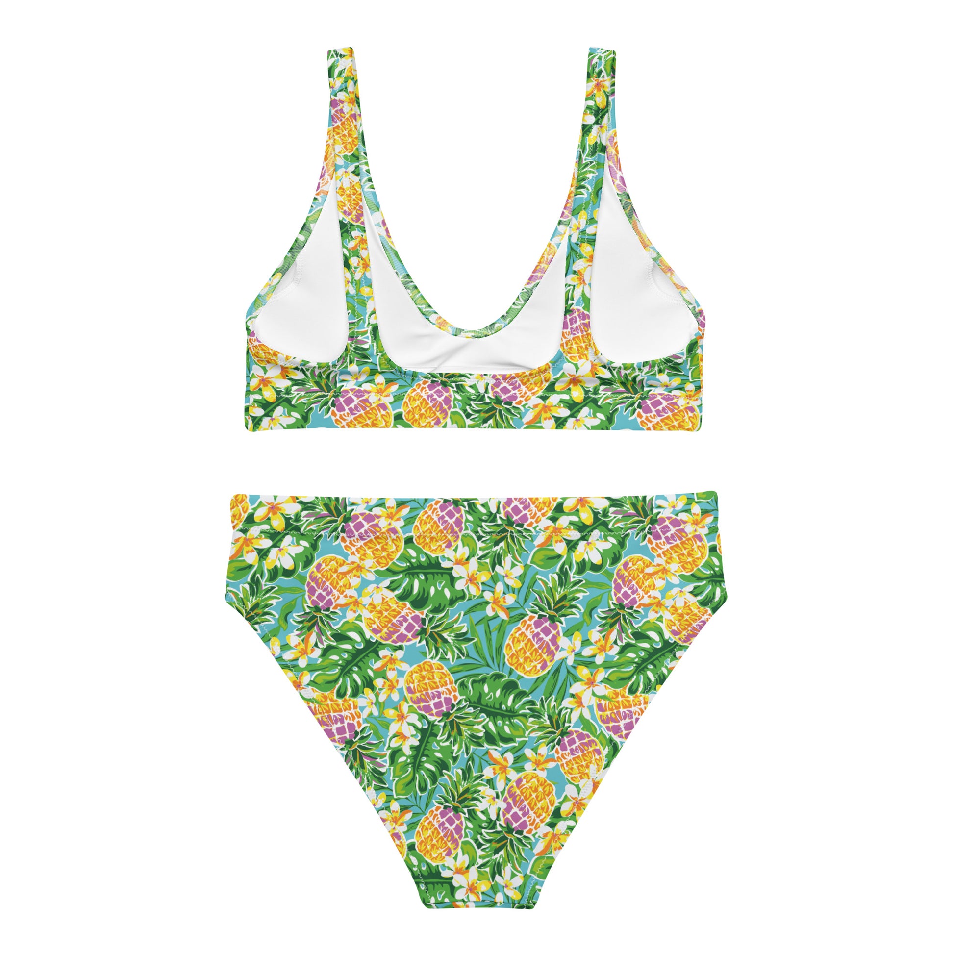 Recycled high-waisted bikini from Printful with green pineapple and flower print, shown from the back in white.