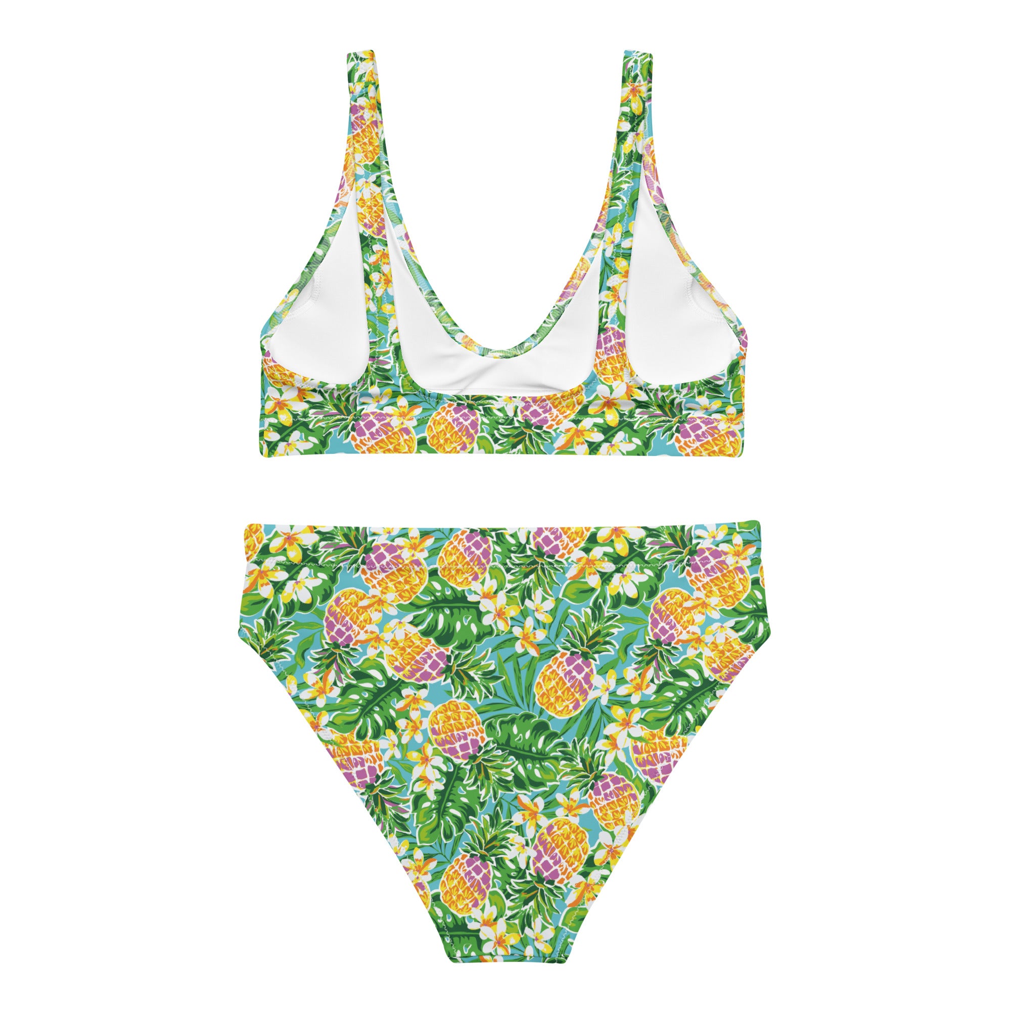 Recycled high-waisted bikini from Printful with green pineapple and flower print, shown from the back in white.