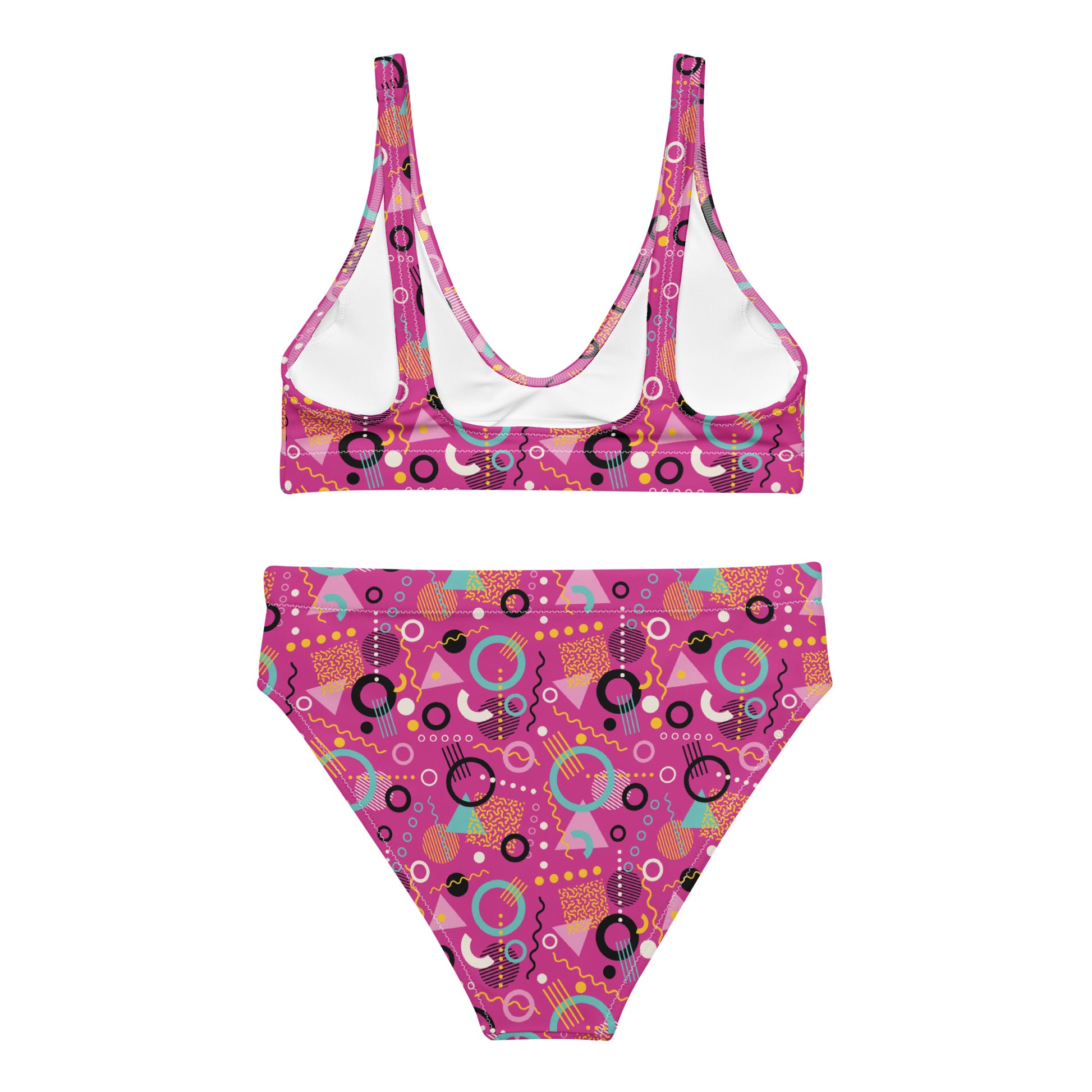 Recycled high-waisted bikini with 90s geometric print in hot pink, shown from the back, by Printful.