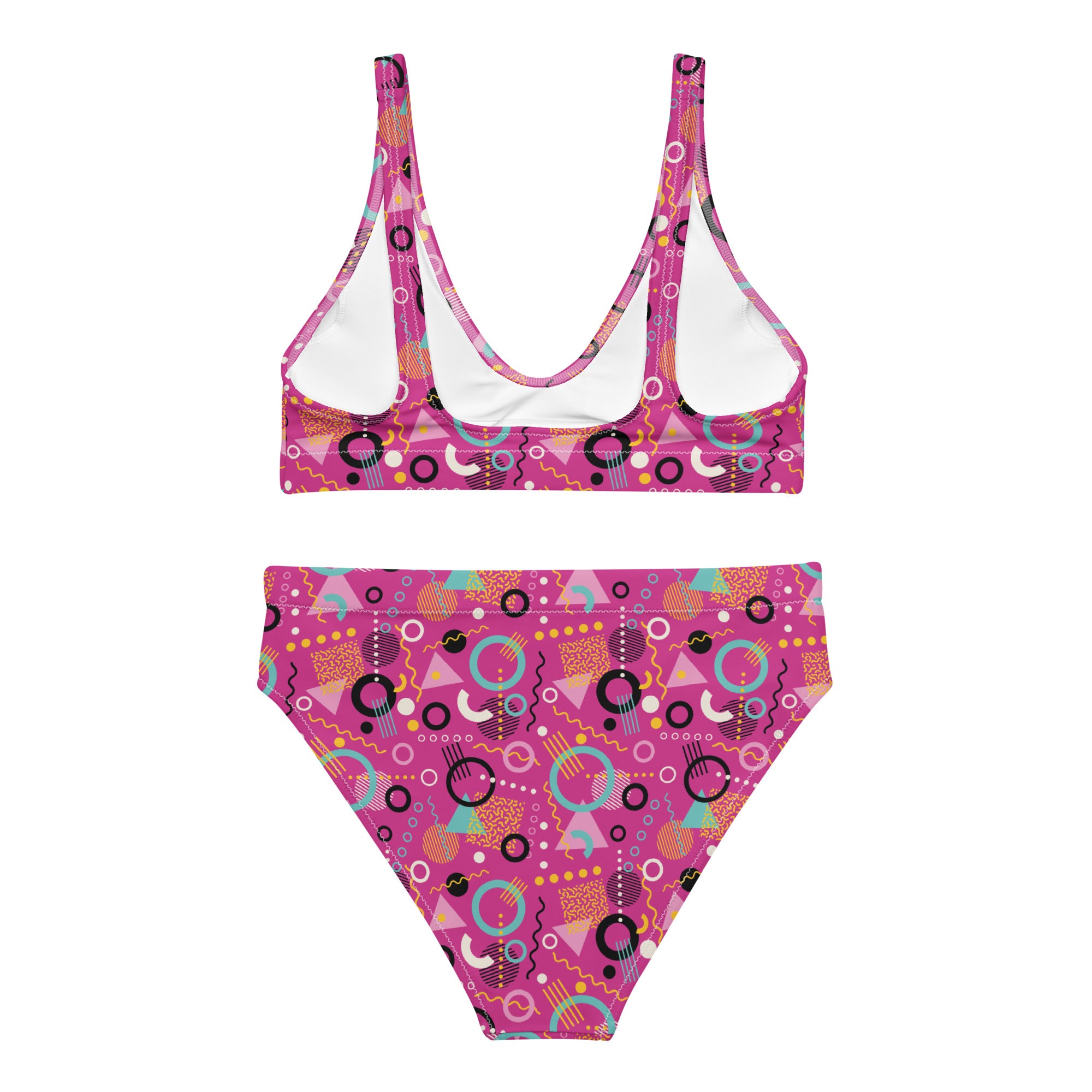 Recycled high-waisted bikini with 90s geometric print in hot pink, shown from the back, by Printful.