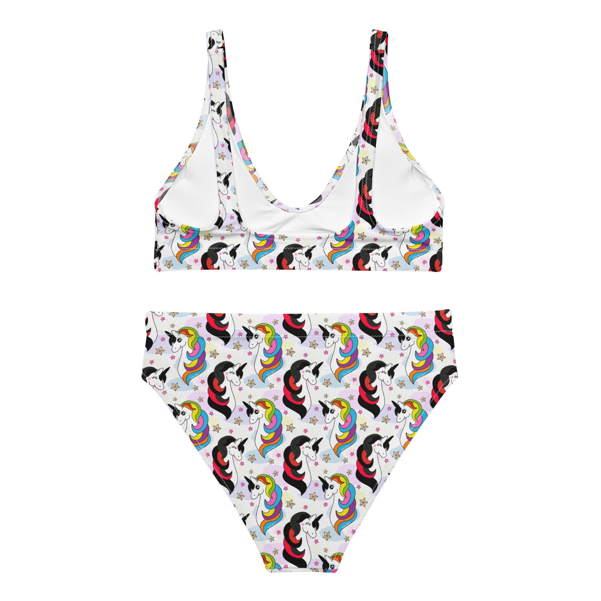 Recycled high-waisted bikini with unicorn print in white, shown from the back, available in XS to 3XL sizes.