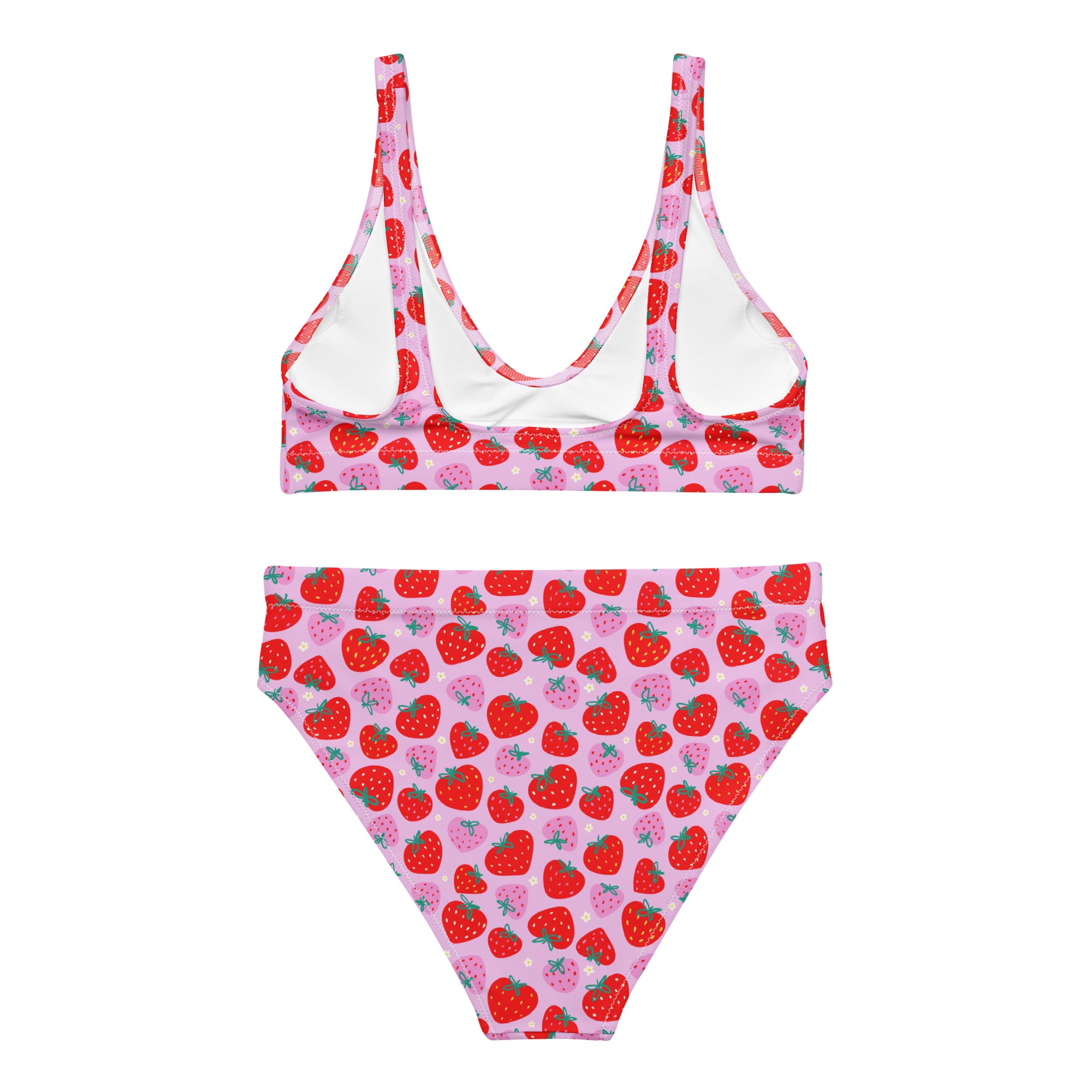 Recycled high-waisted bikini with pink strawberry print, white background, showing back view, in XS to 3XL sizes.