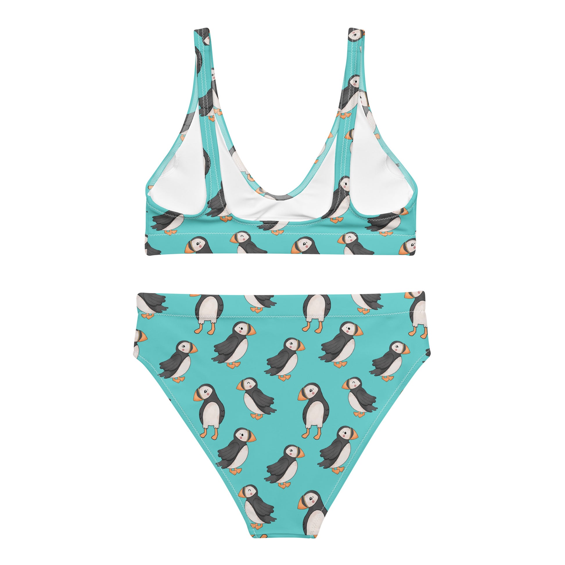 Recycled high-waisted bikini with puffin print in electric blue, white back, available in XS-3XL, by Printful.