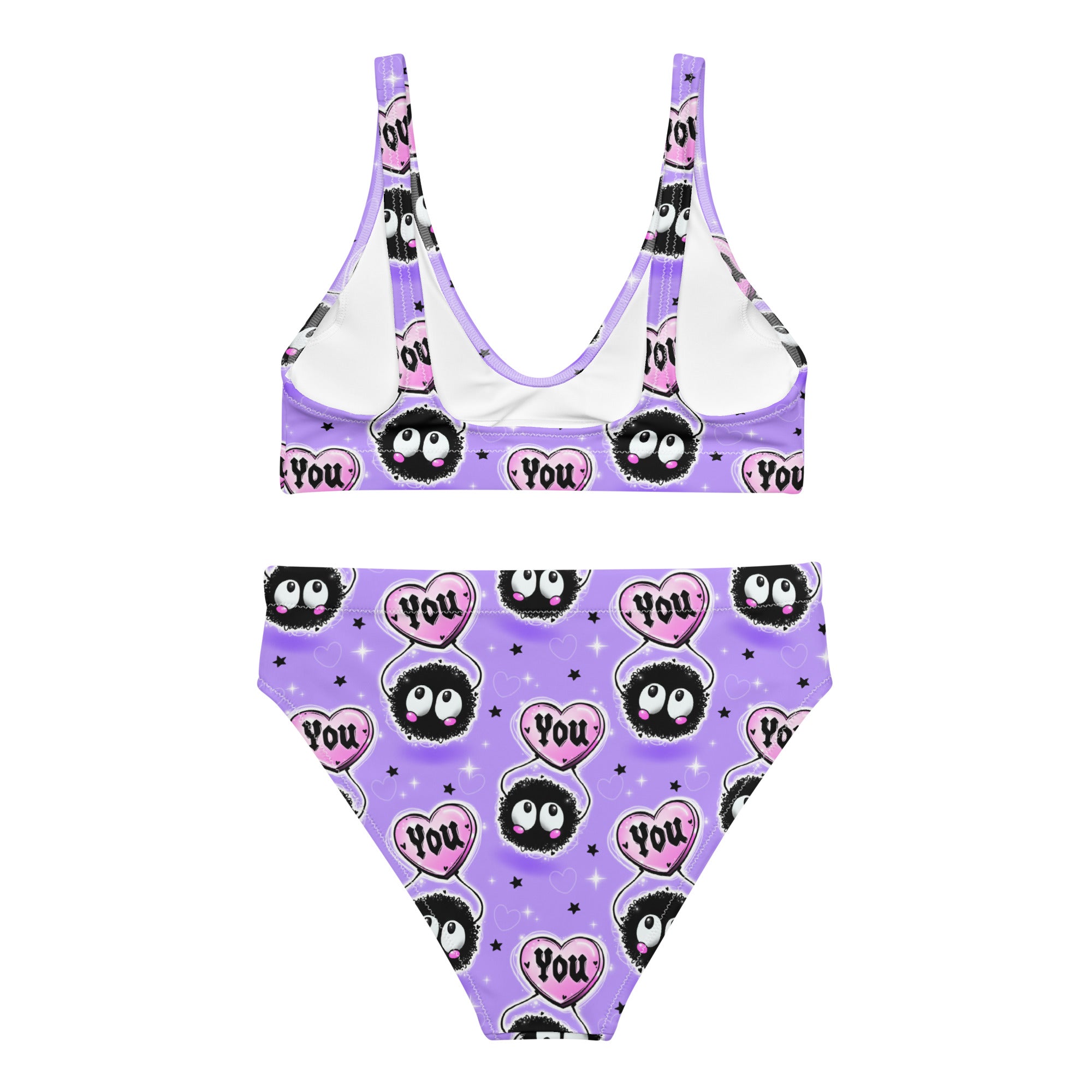 Recycled high-waisted bikini by Printful with Love Bugs heart print in lilac, shown from the back with all-over floral design.