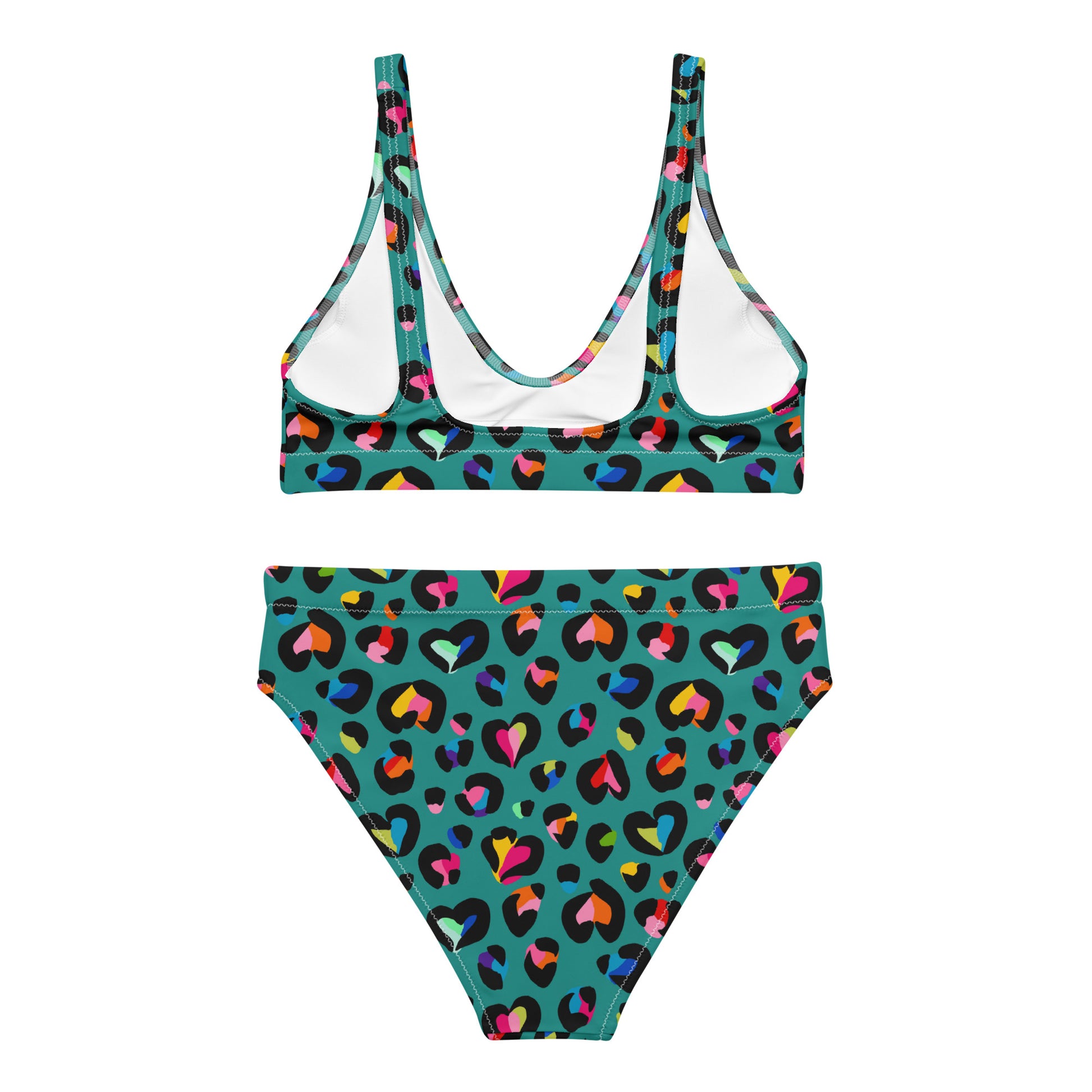 Recycled high-waisted bikini with rainbow leopard print in green, shown from the back, featuring vibrant all-over design.