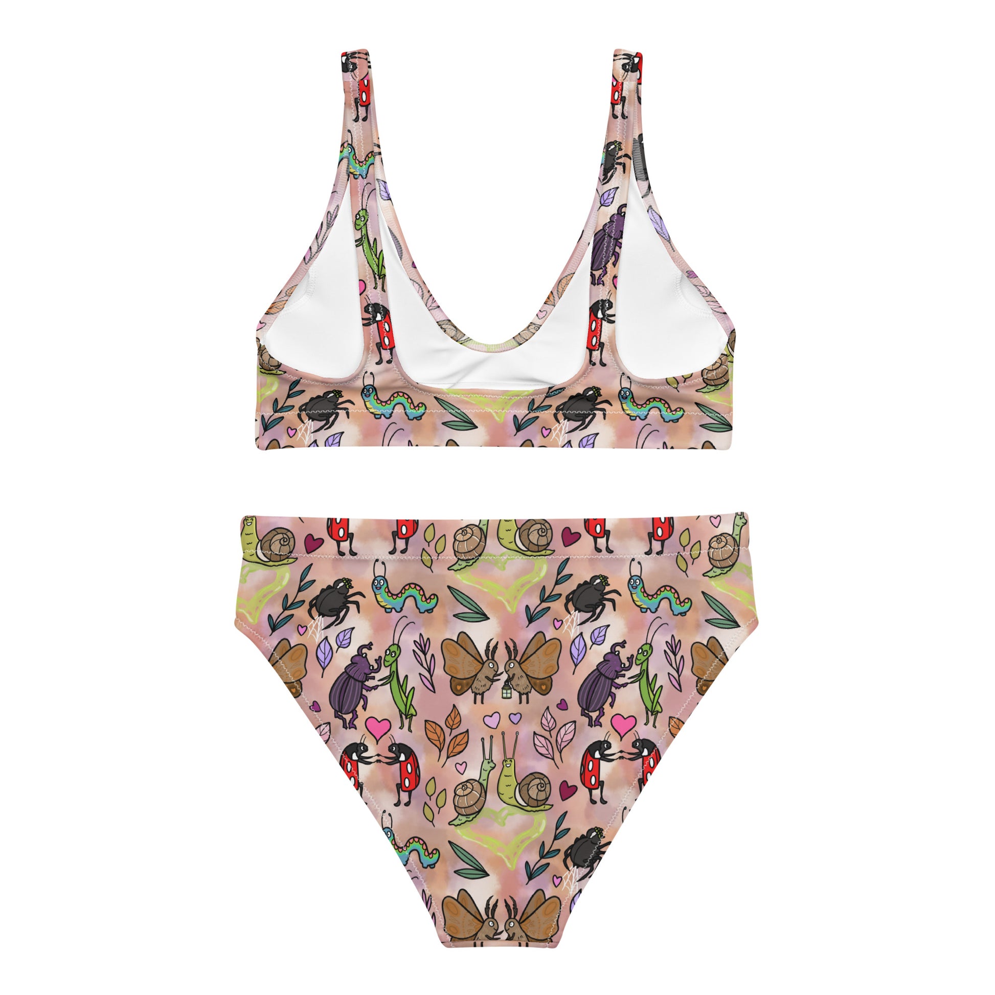 Recycled high-waisted bikini with love bugs print in beige, featuring a white back design and available in XS to 3XL.