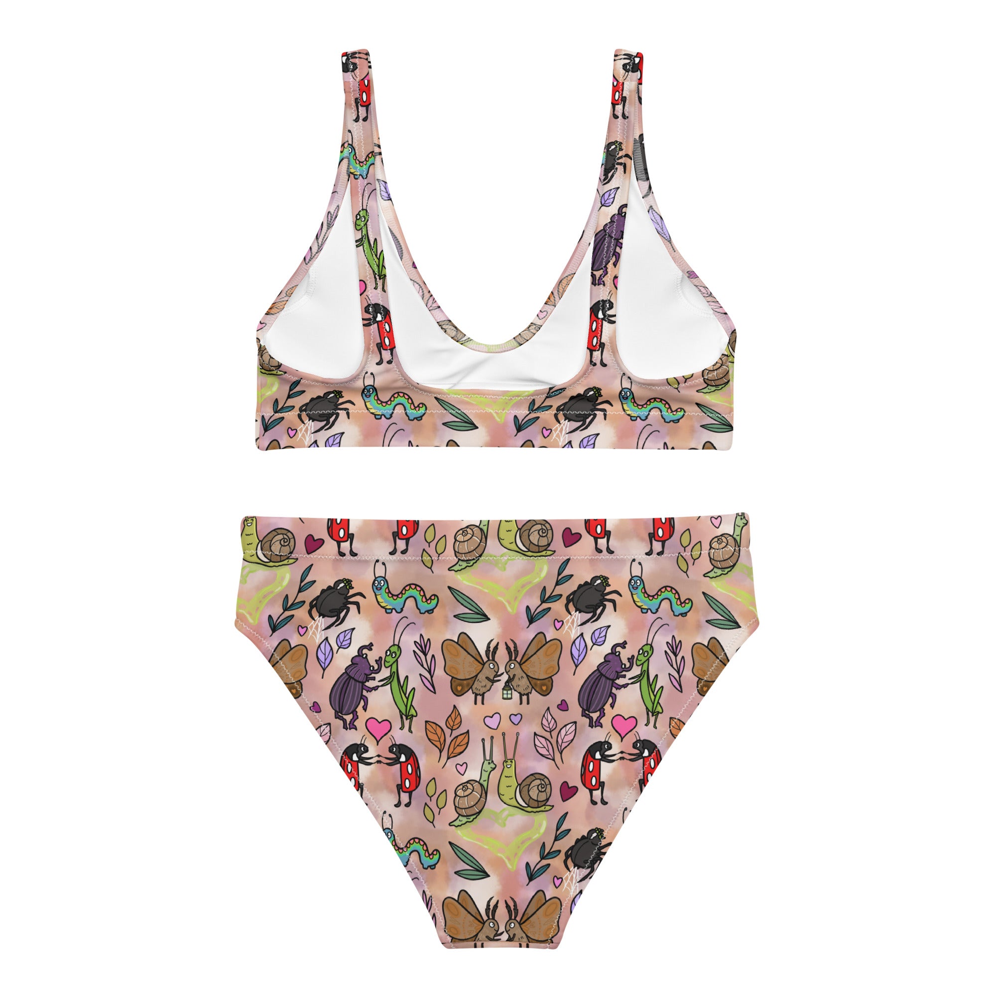 Recycled high-waisted bikini with love bugs print in beige, featuring a white back design and available in XS to 3XL.