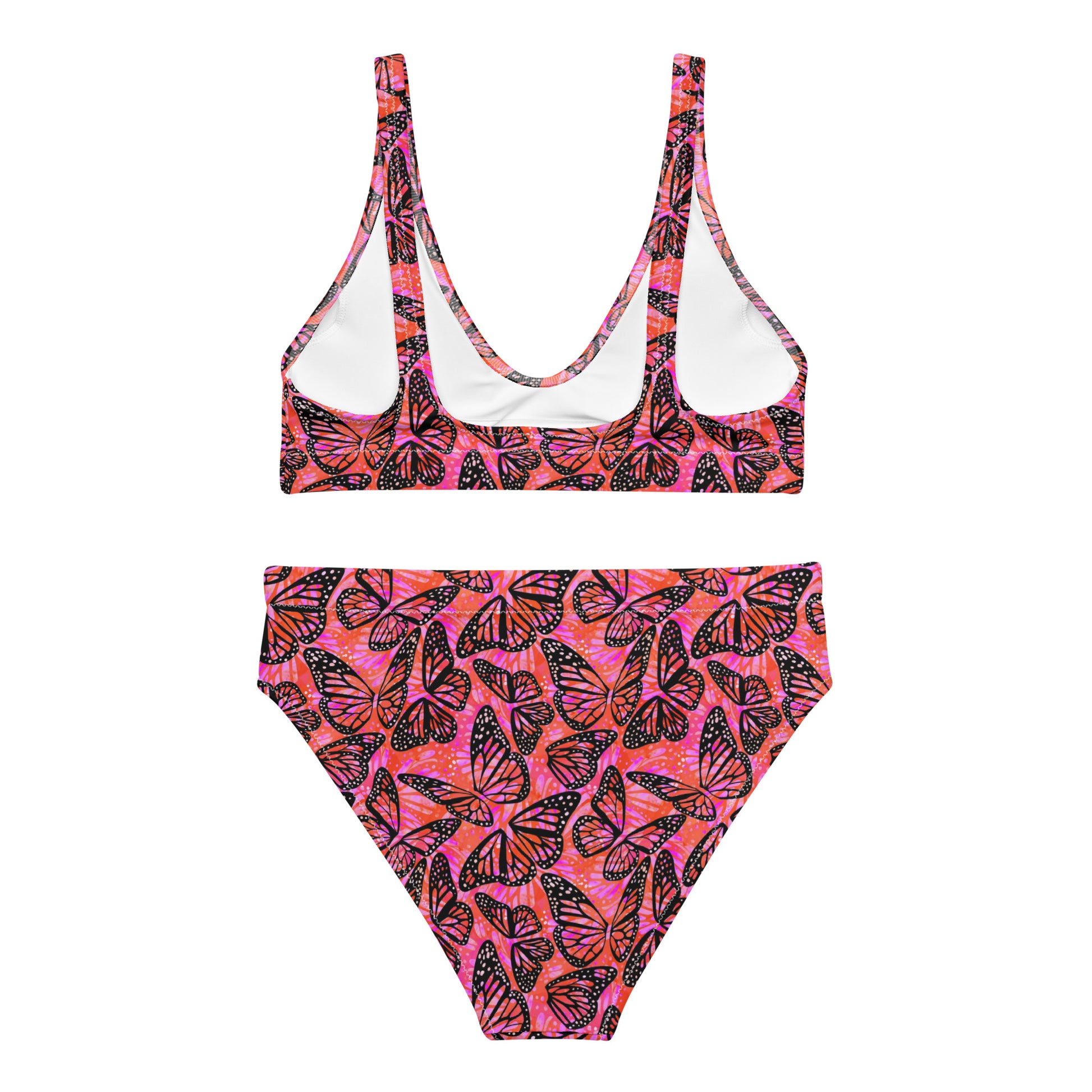 Recycled high-waisted bikini with butterfly print in pink and orange, shown from the back on a white background.