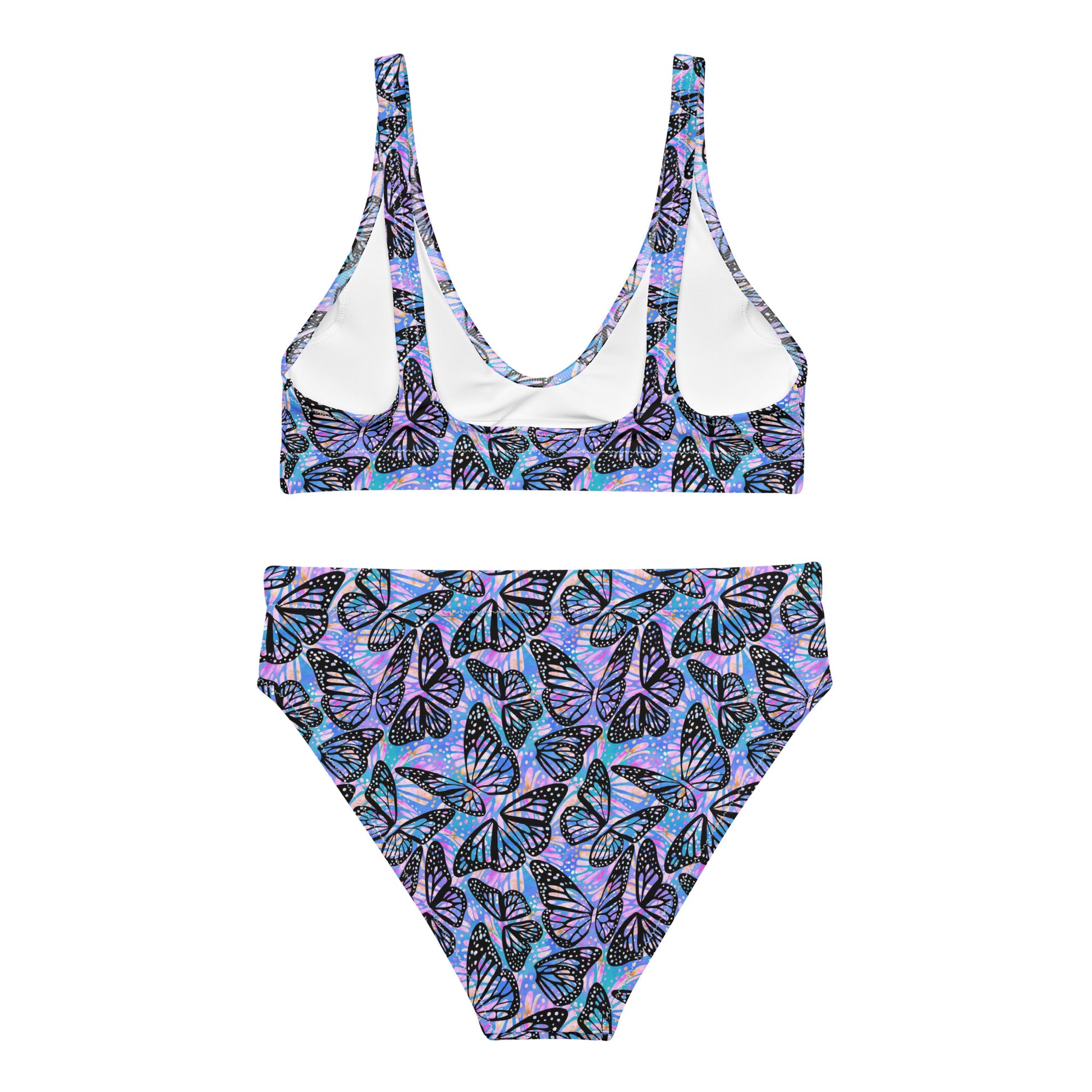 Recycled high-waisted bikini with butterfly print in pink and purple, shown from the back on a white background.