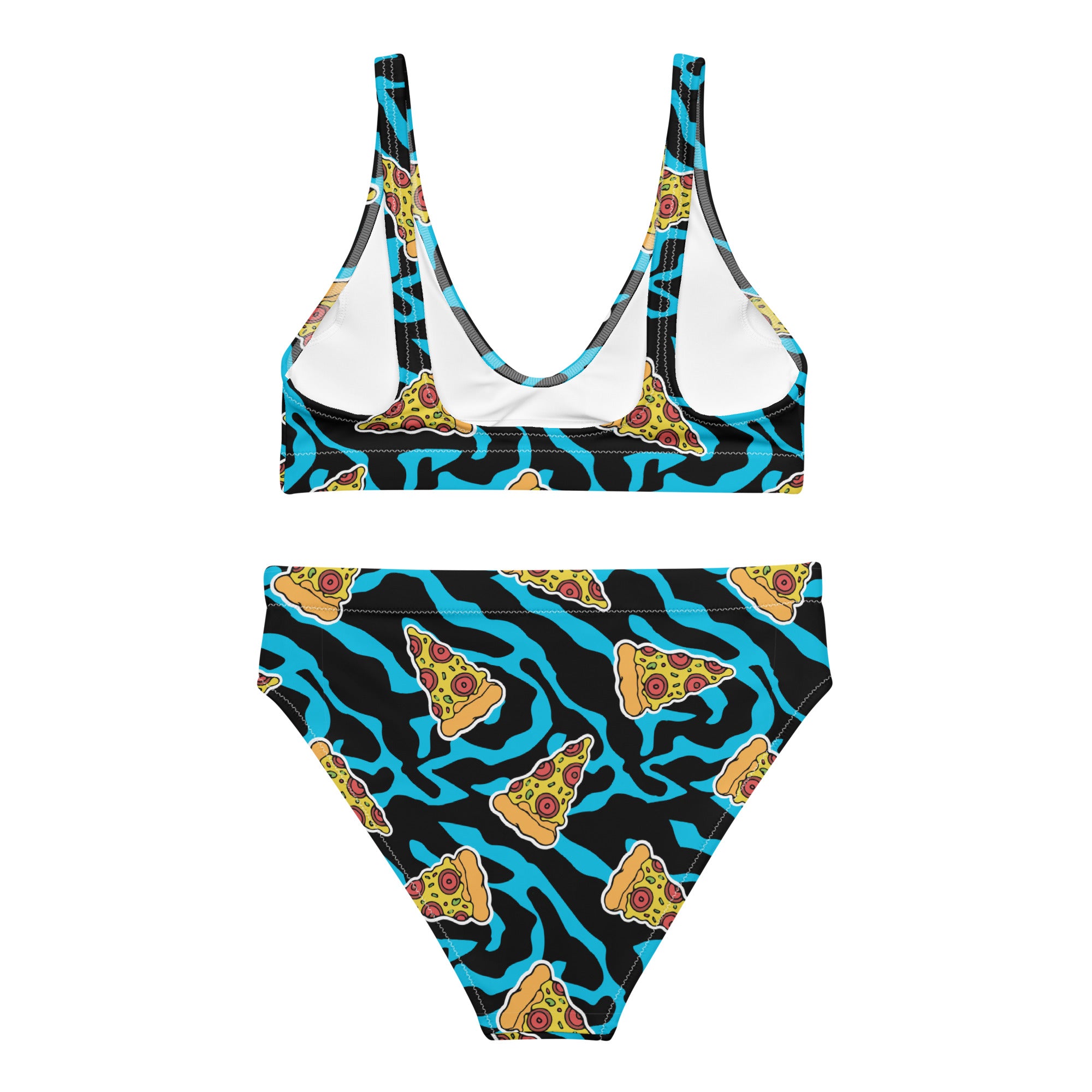 Recycled high-waisted bikini with pizza wave print in blue and black, shown from the back with all-over print design.