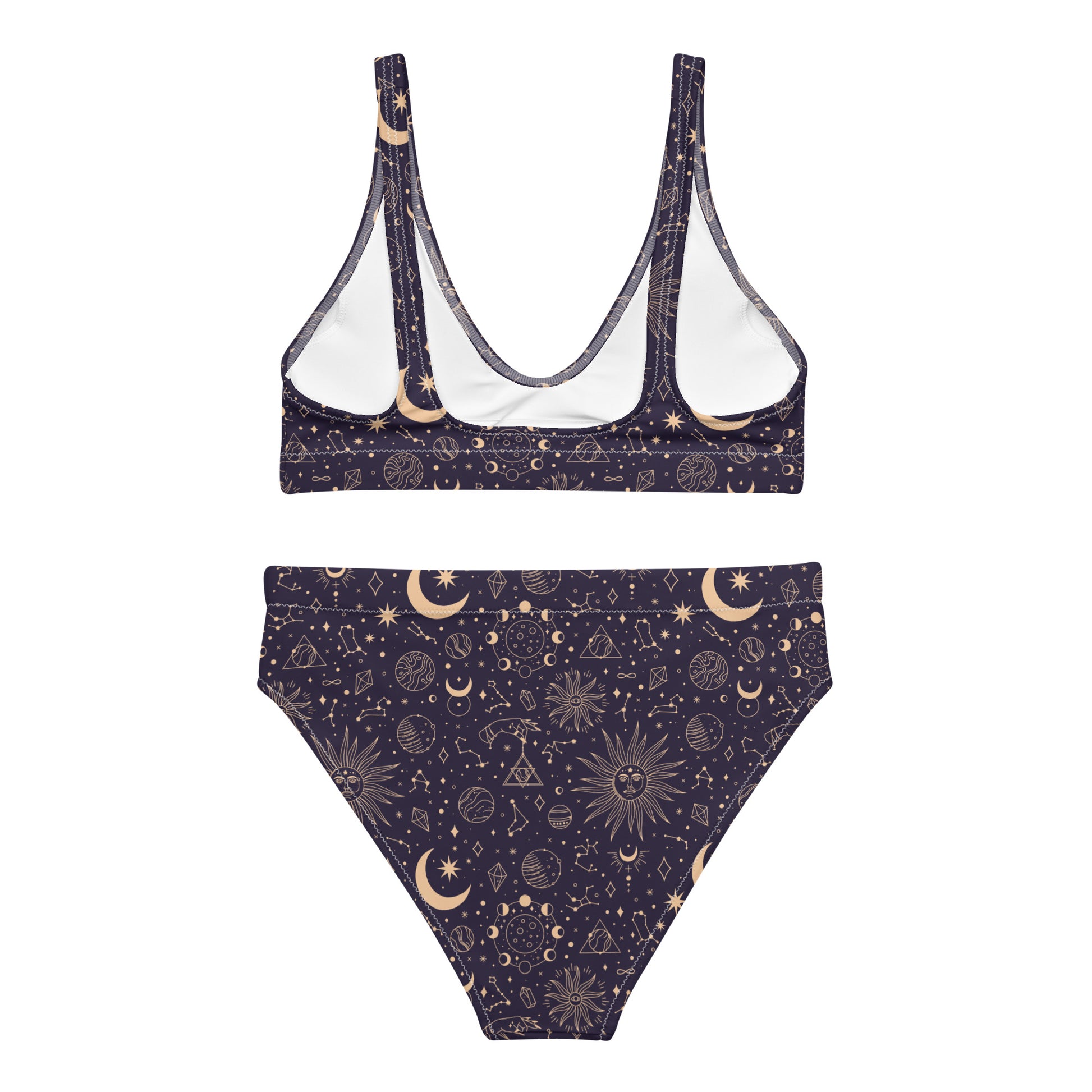 Recycled high-waisted bikini by Printful with purple, gold sun and moon celestial print, white back, available in XS-3XL.