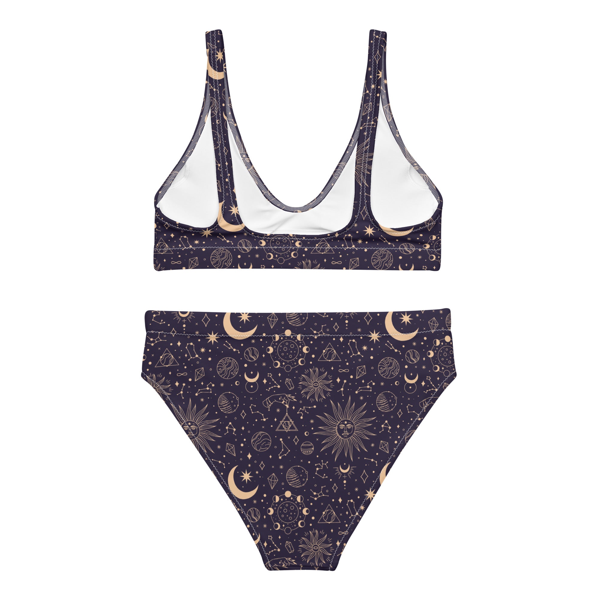 Recycled high-waisted bikini by Printful with purple, gold sun and moon celestial print, white back, available in XS-3XL.