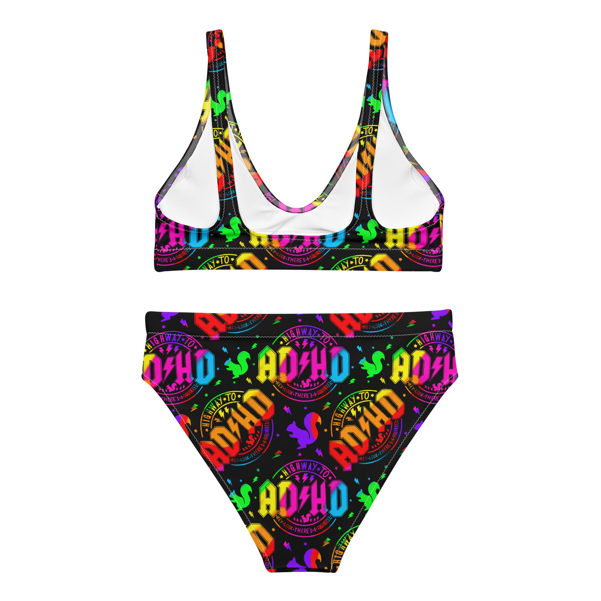 Recycled high-waisted bikini with ADHD squirrel print in white, featuring all-over colorful squirrel design on the back.