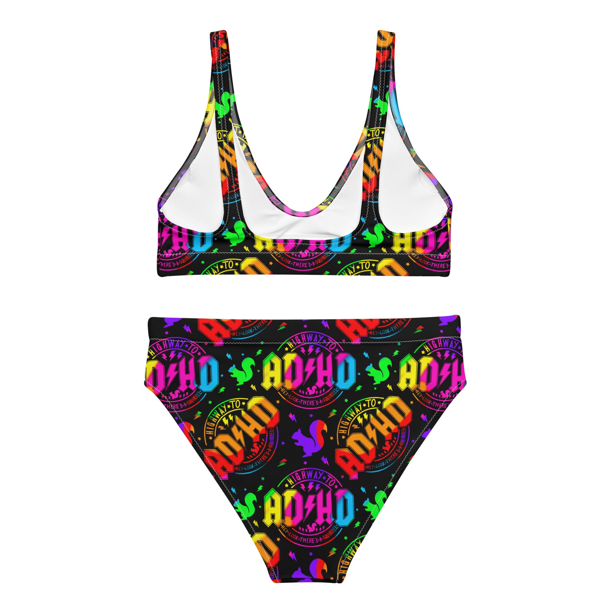 Recycled high-waisted bikini with ADHD squirrel print in white, featuring all-over colorful squirrel design on the back.