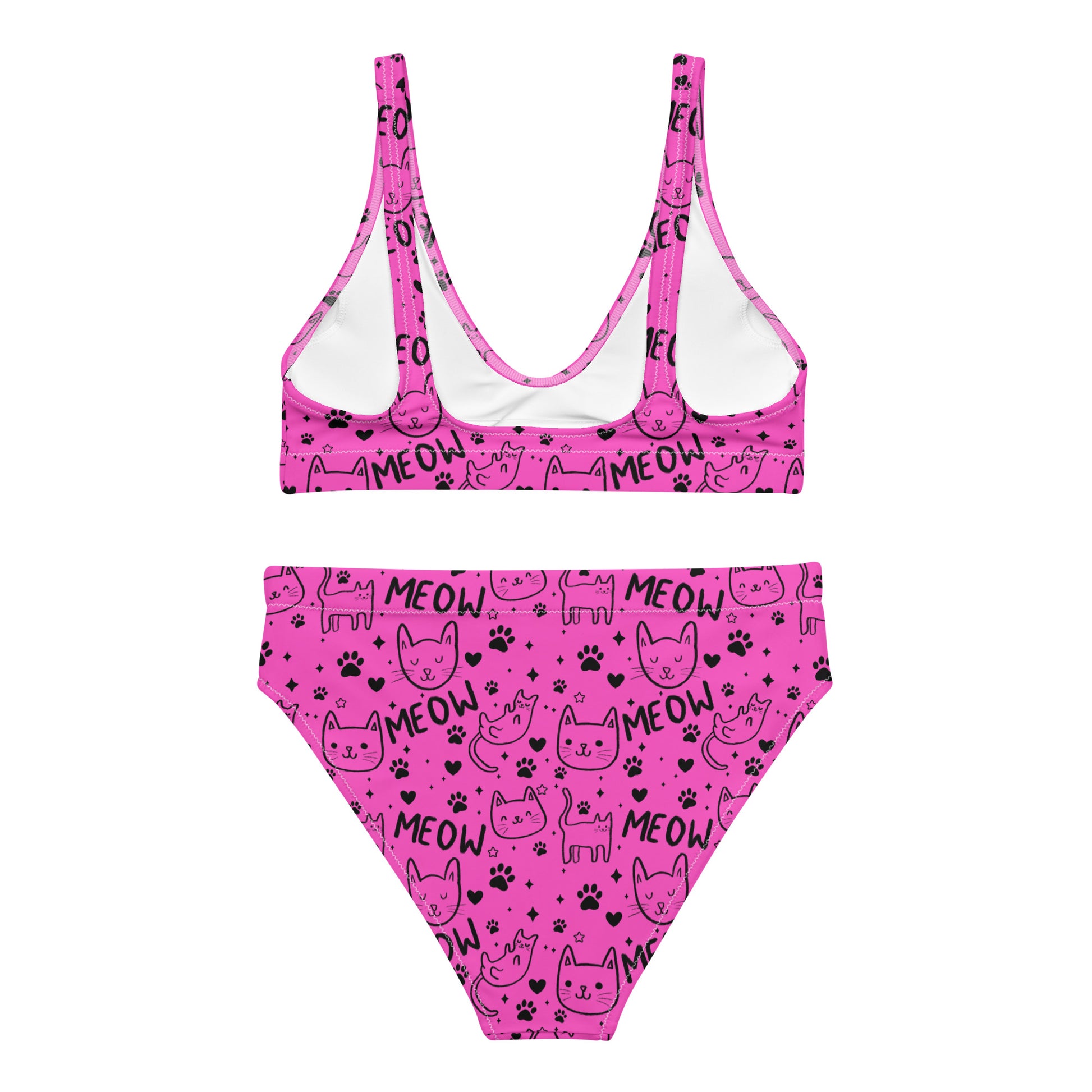Bright pink recycled high-waisted bikini with a playful Meow cat print, shown from the back in a white design, available in XS-3XL.