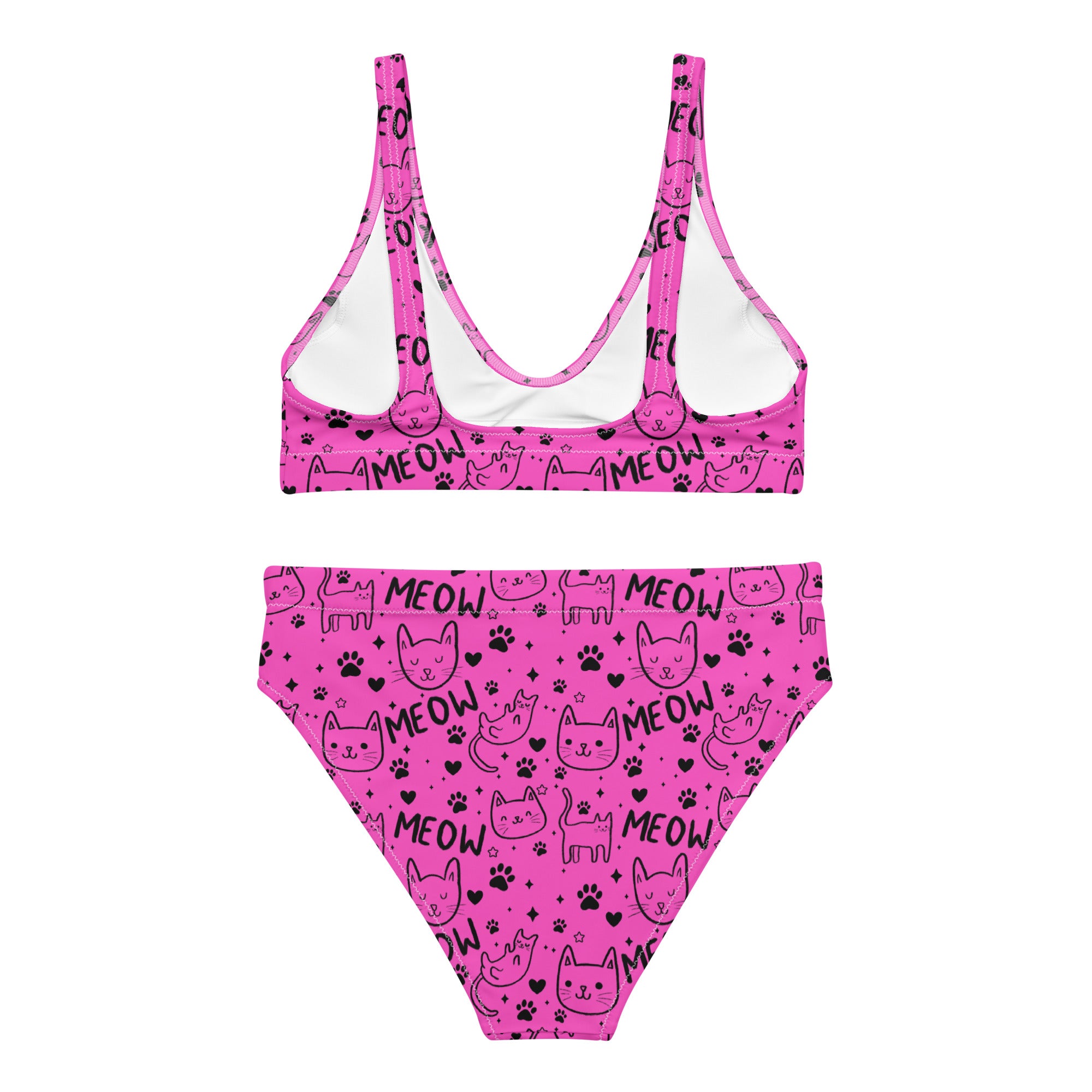 Bright pink recycled high-waisted bikini with a playful Meow cat print, shown from the back in a white design, available in XS-3XL.
