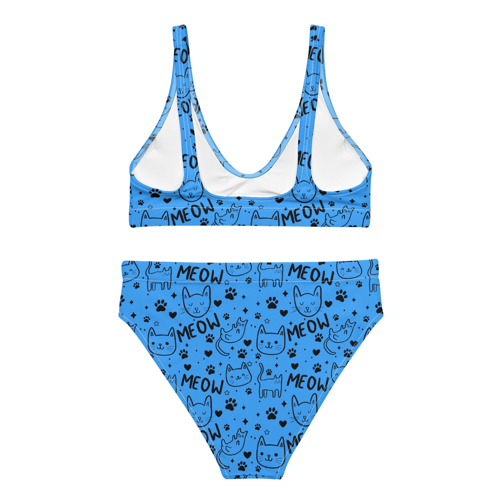 Recycled high-waisted bikini with blue Meow cat print and white back, designed for women in XS to 3XL sizes.
