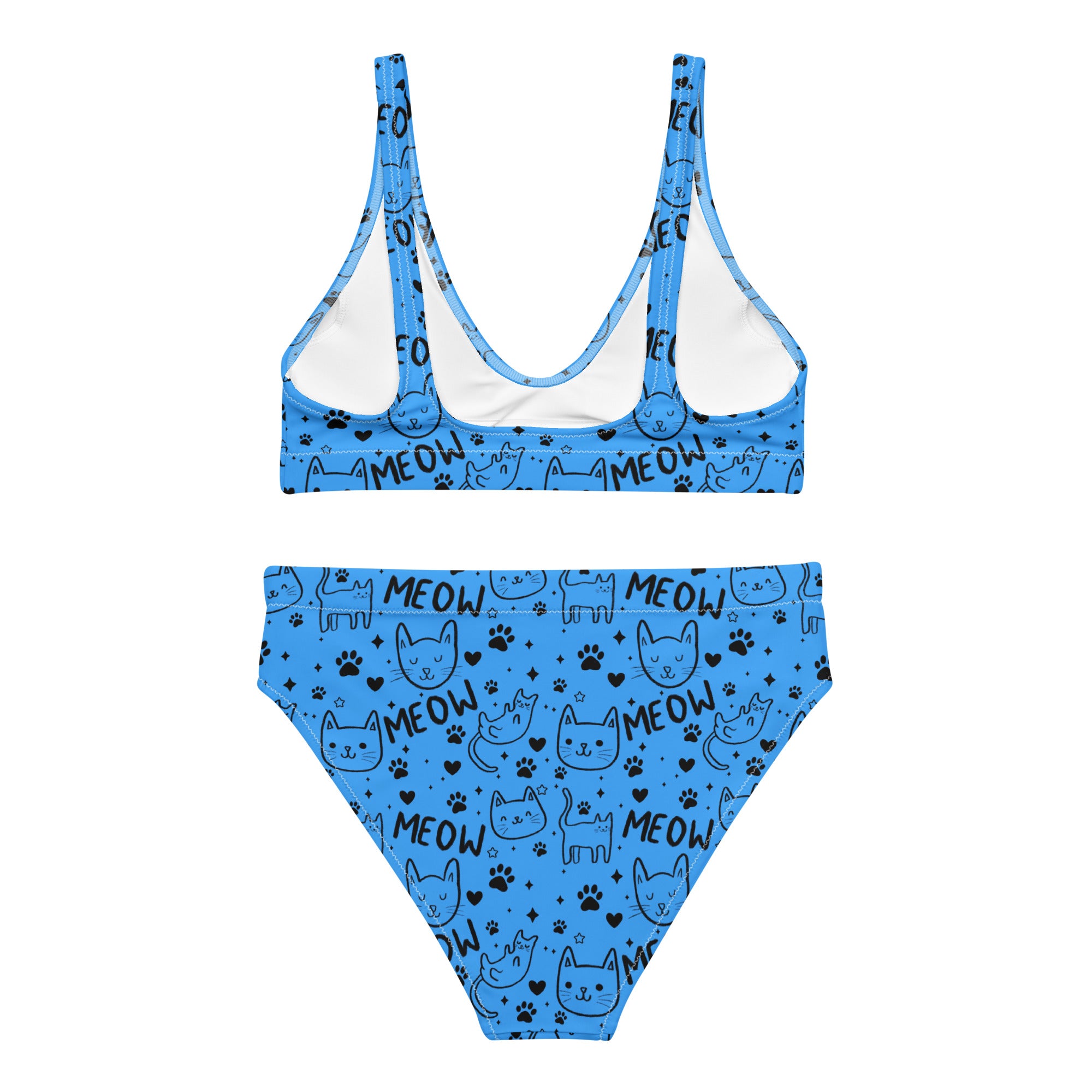 Recycled high-waisted bikini with blue Meow cat print and white back, designed for women in XS to 3XL sizes.