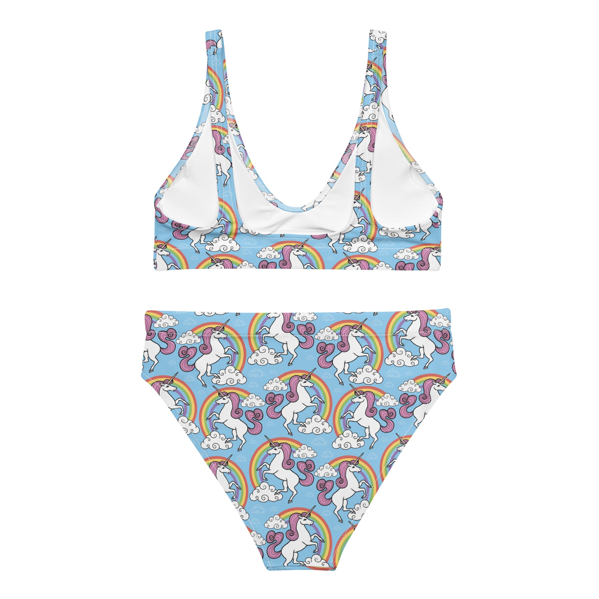 Recycled high-waisted bikini by Rainbows and Unicorns featuring colorful all-over rainbow and unicorn print on white background.