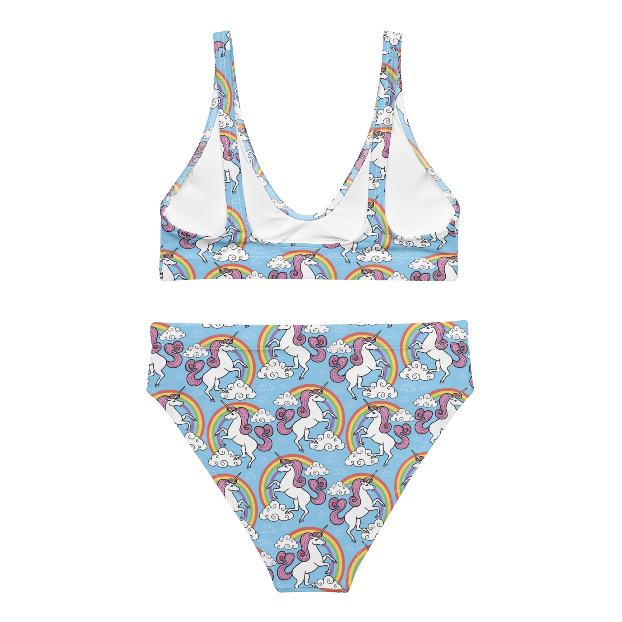 Recycled high-waisted bikini by Rainbows and Unicorns featuring colorful all-over rainbow and unicorn print on white background.