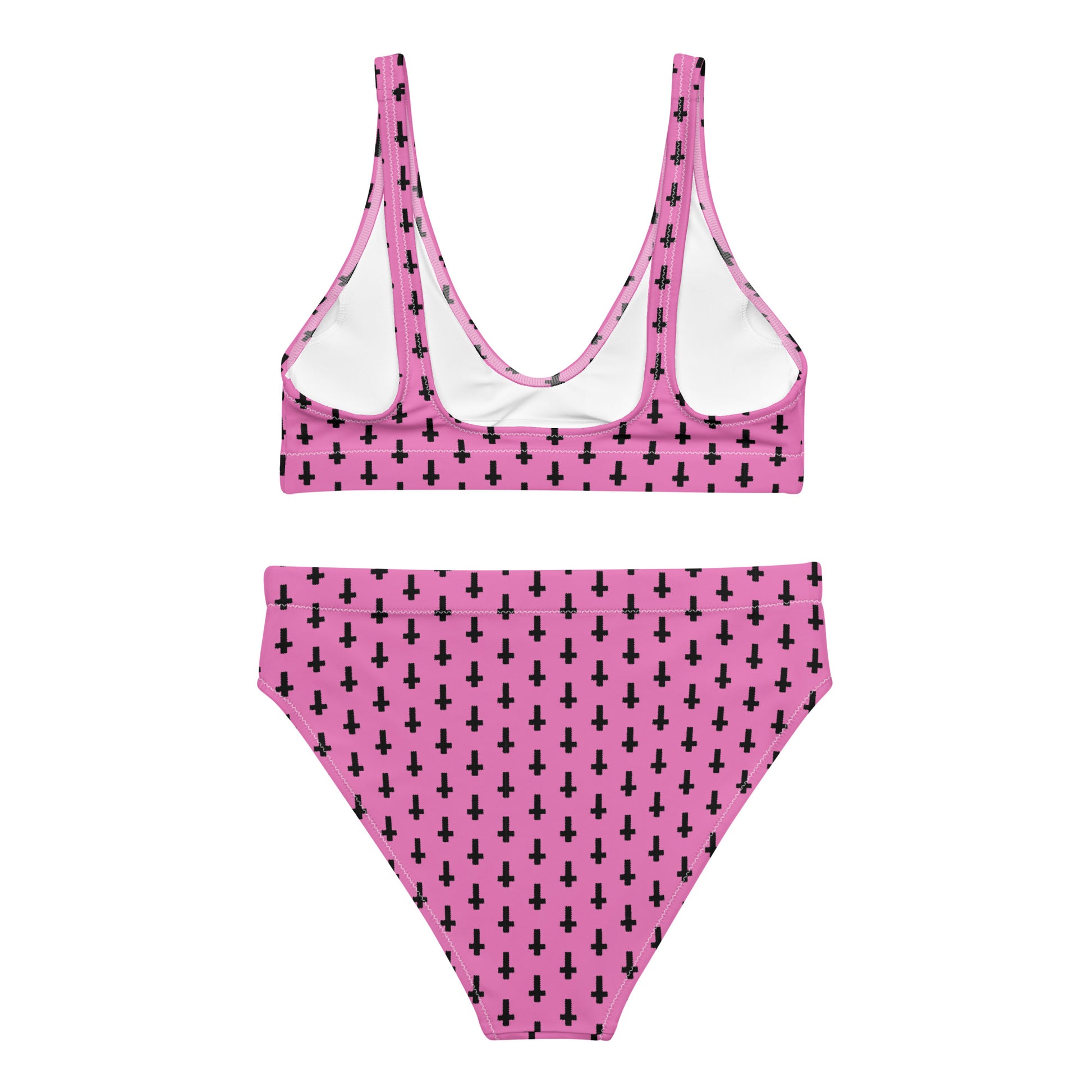 Pink recycled high-waisted bikini with inverted cross print, shown from the back in a vibrant all-over pattern.