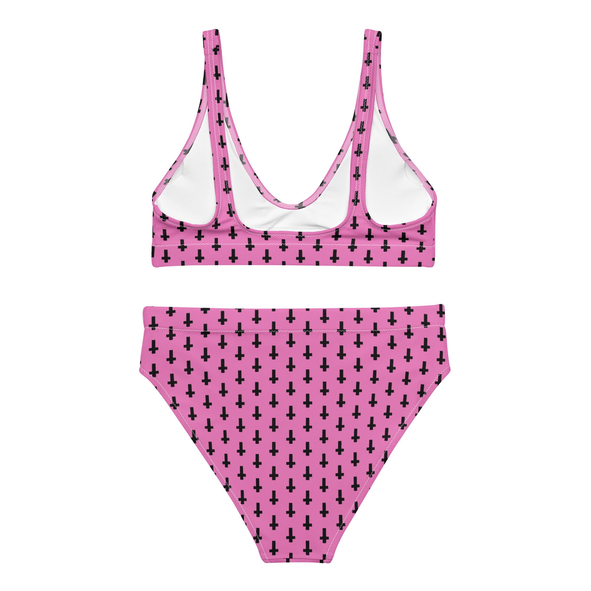 Pink recycled high-waisted bikini with inverted cross print, shown from the back in a vibrant all-over pattern.